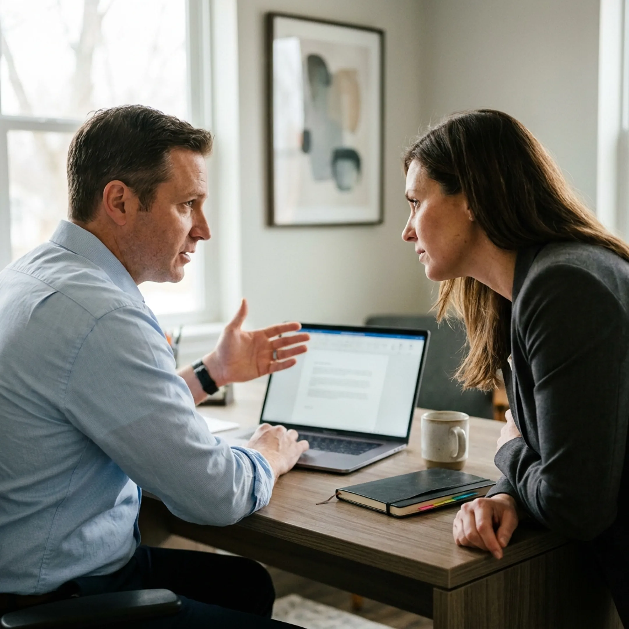 Advisor explaining cyber insurance policy options to a small business owner