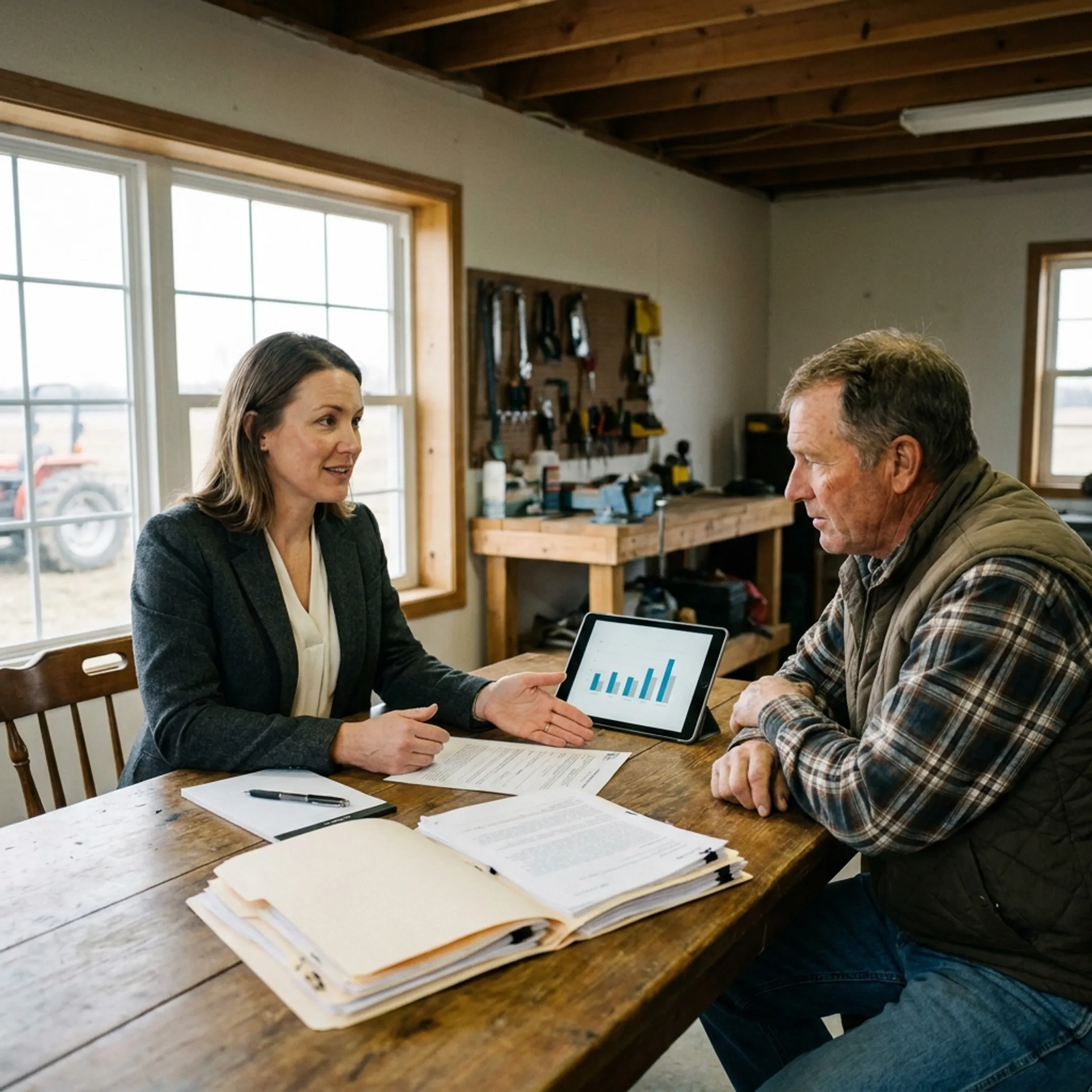 Advisor explaining commercial farm insurance options to a business owner