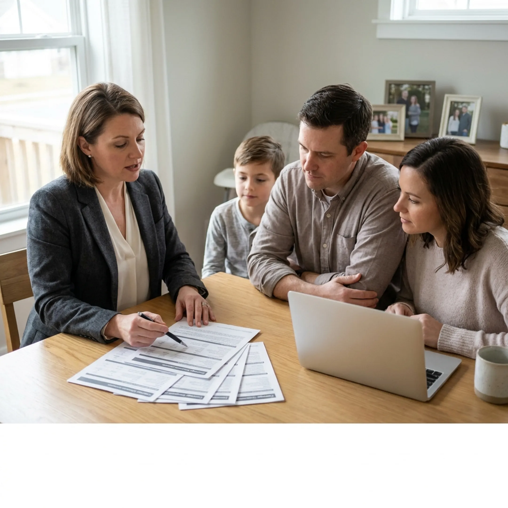 Advisor comparing home and auto insurance options with a family