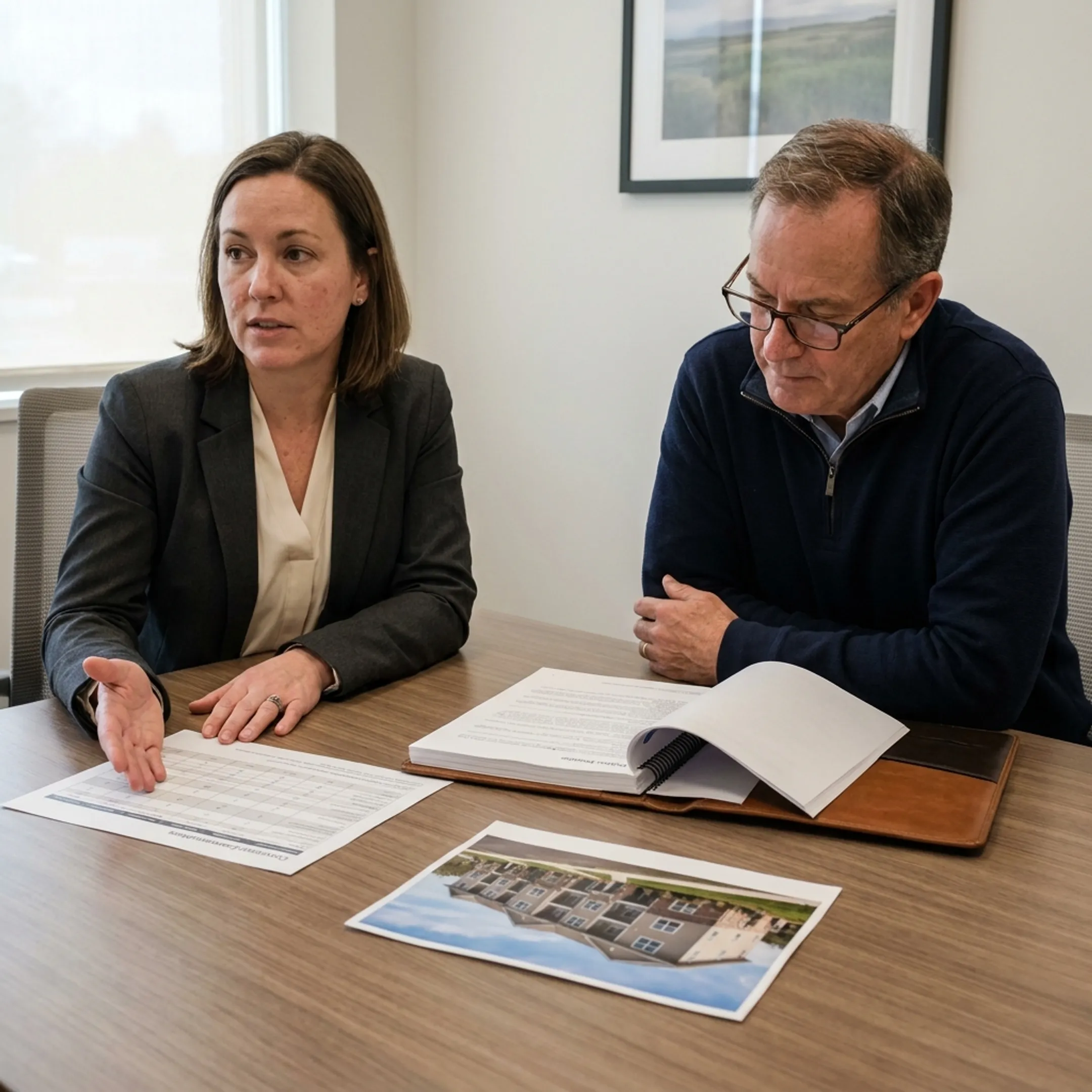 Insurance advisor discussing apartment building coverage options with an owner