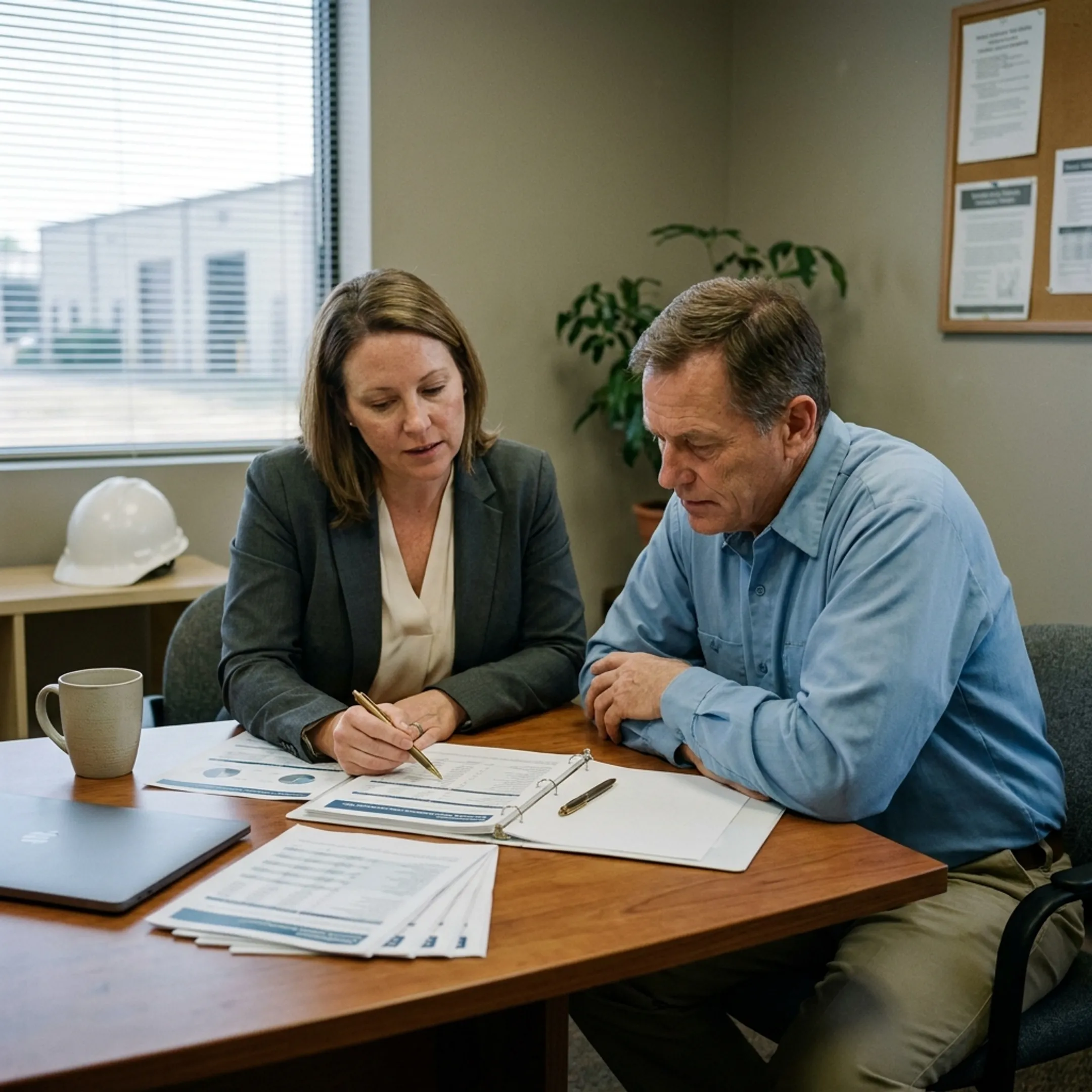 Insurance advisor explaining commercial coverage options to a manufacturing business owner