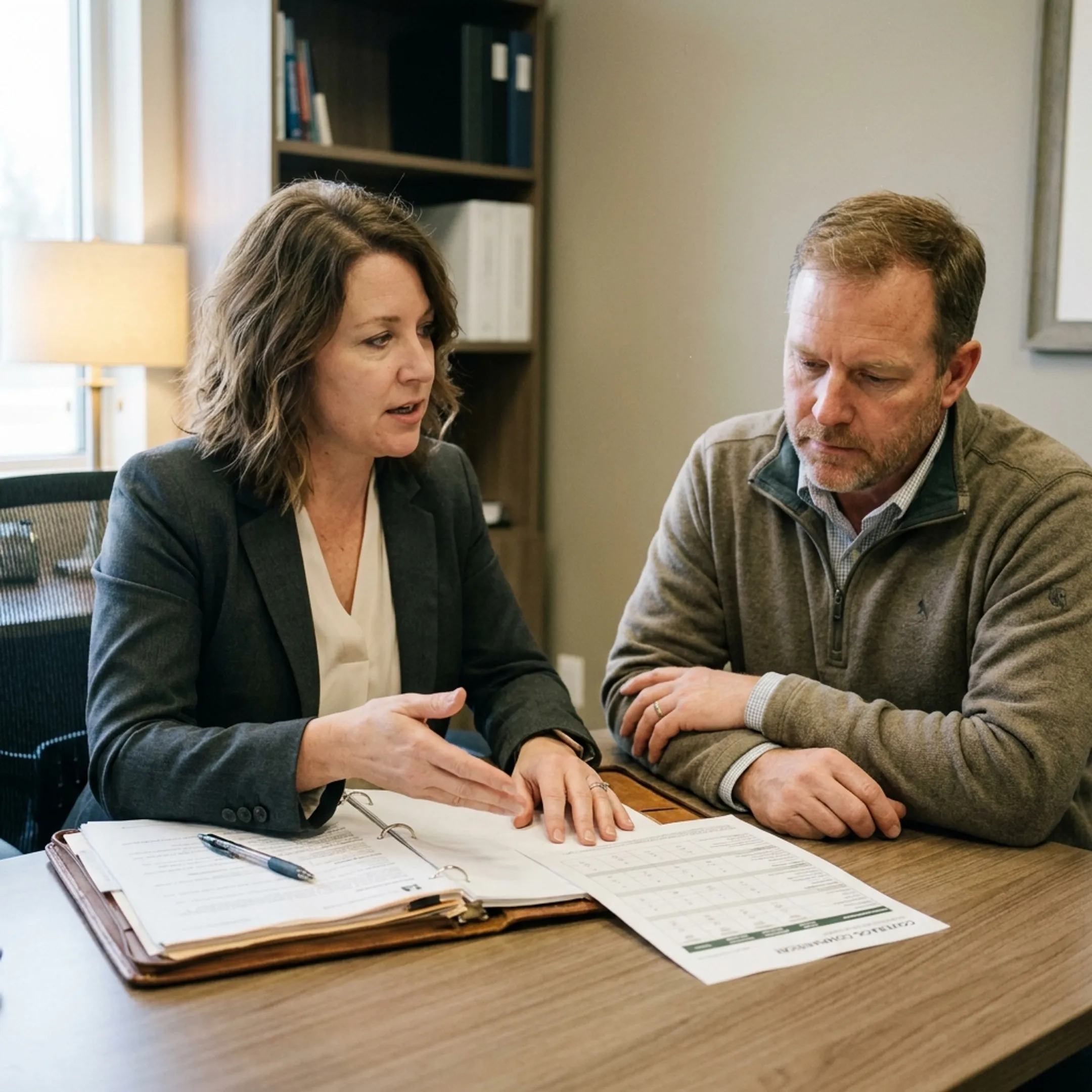 Advisor explaining pay-as-you-go workers' compensation coverage to a business owner