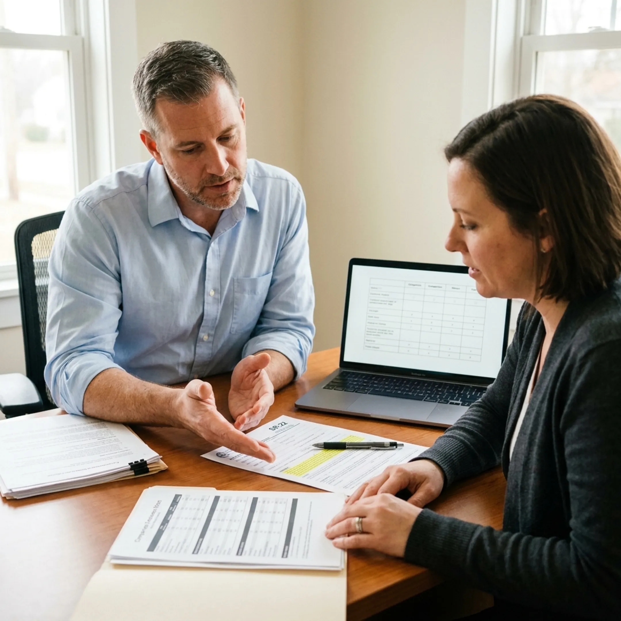 Advisor explaining SR-22 insurance documents and coverage choices to an Idaho customer