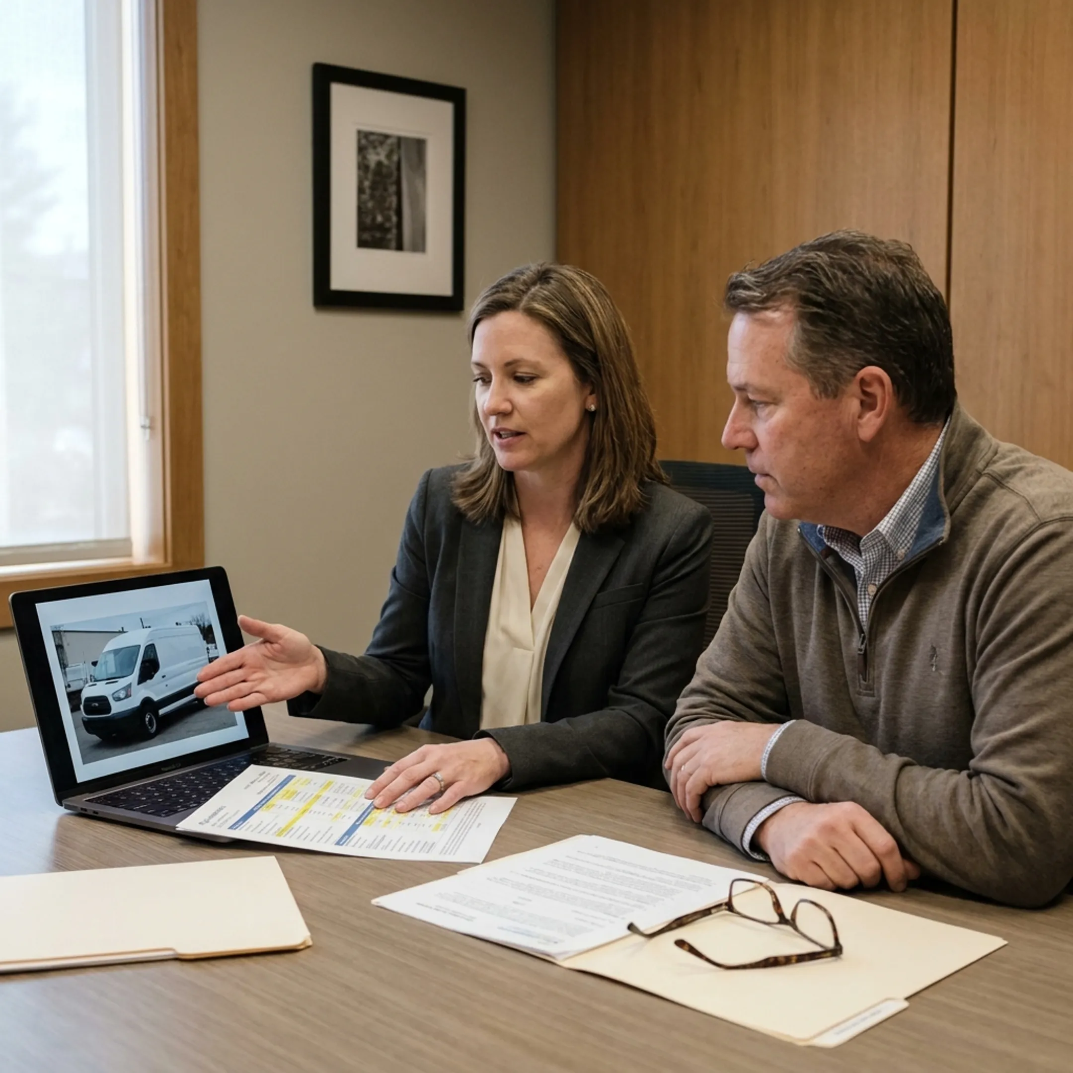 Advisor explaining commercial cargo van insurance options to a business owner