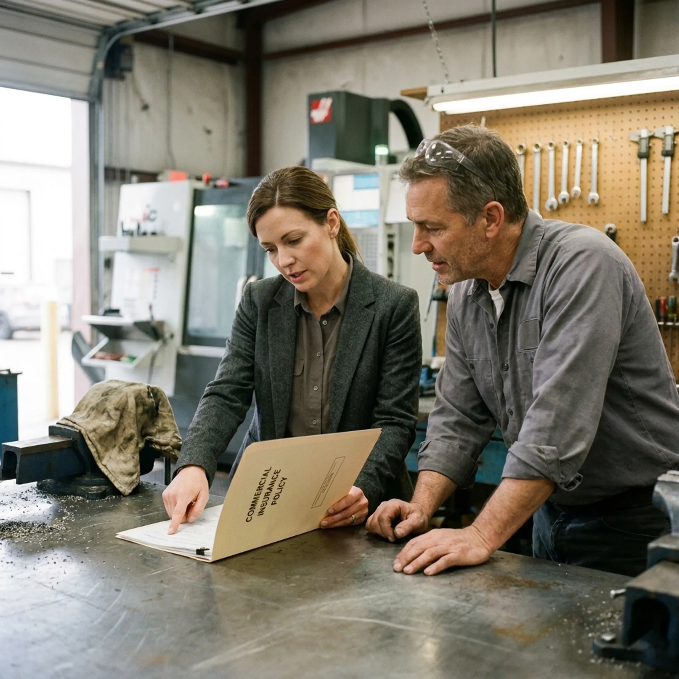 Advisor explaining machine shop insurance options to a business owner