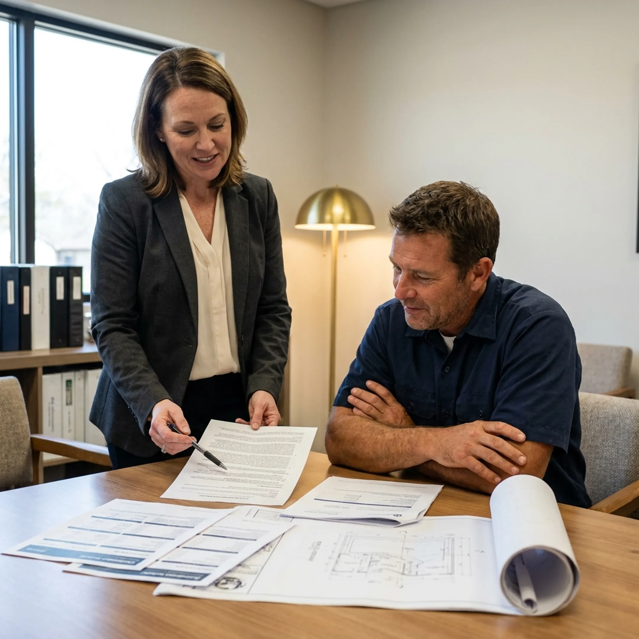 Advisor explaining business insurance options to a pool contractor