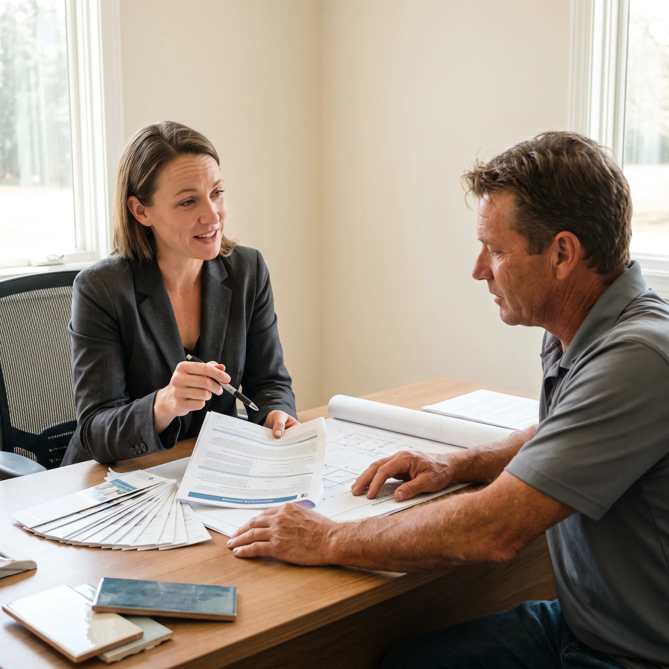 Insurance professional discussing business coverage with a pool contractor