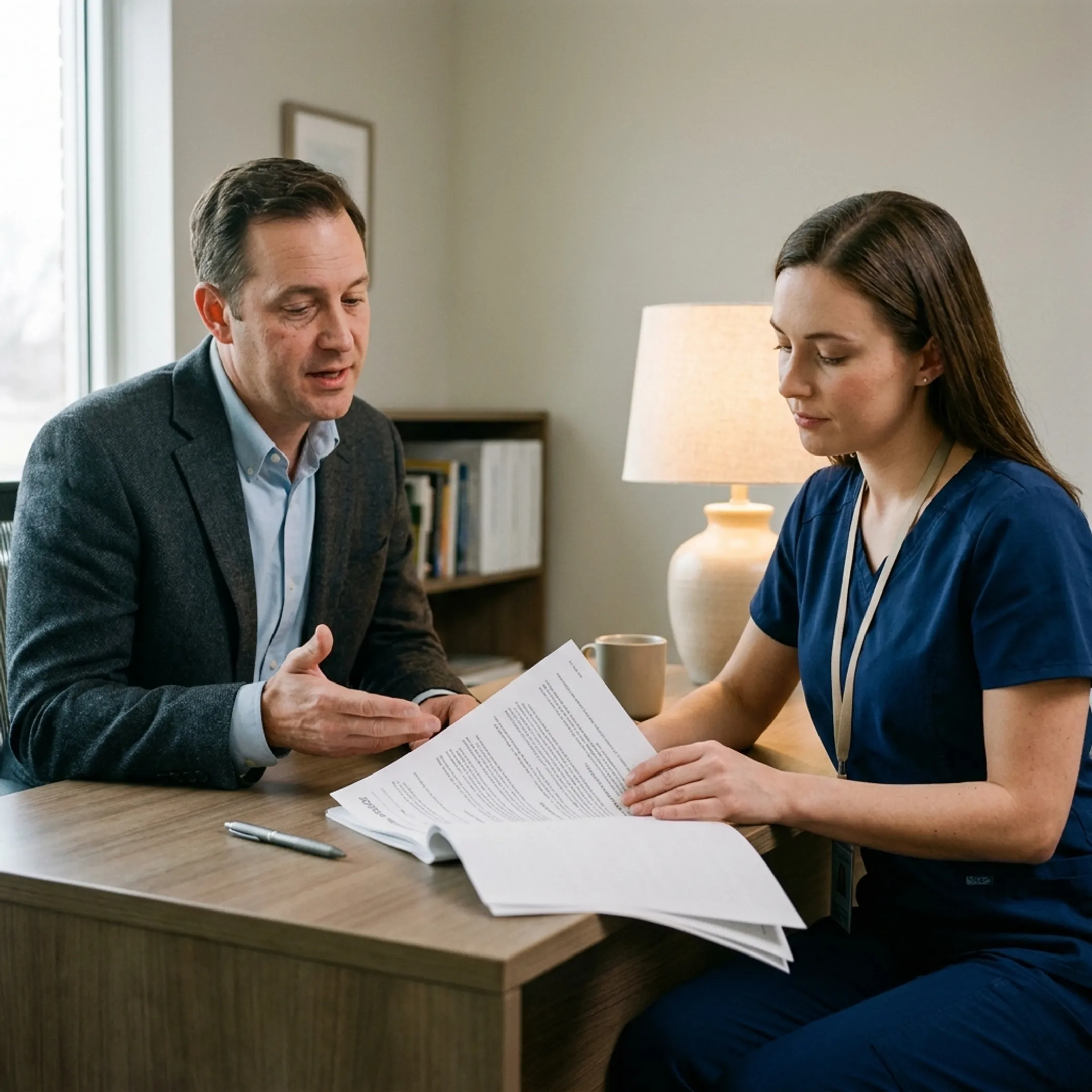 Insurance advisor explaining nursing liability coverage to a nurse