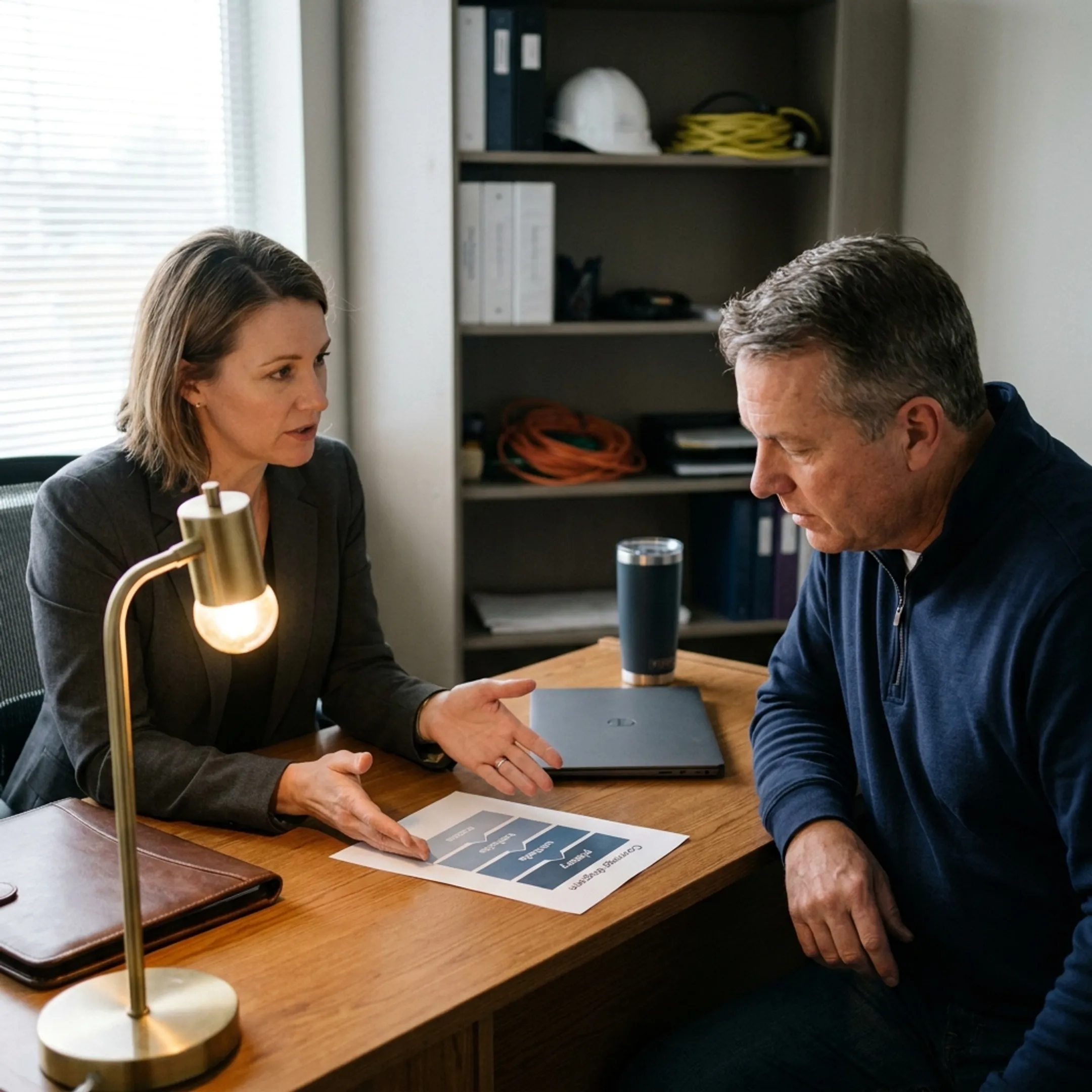 Advisor explaining umbrella insurance options to a business owner