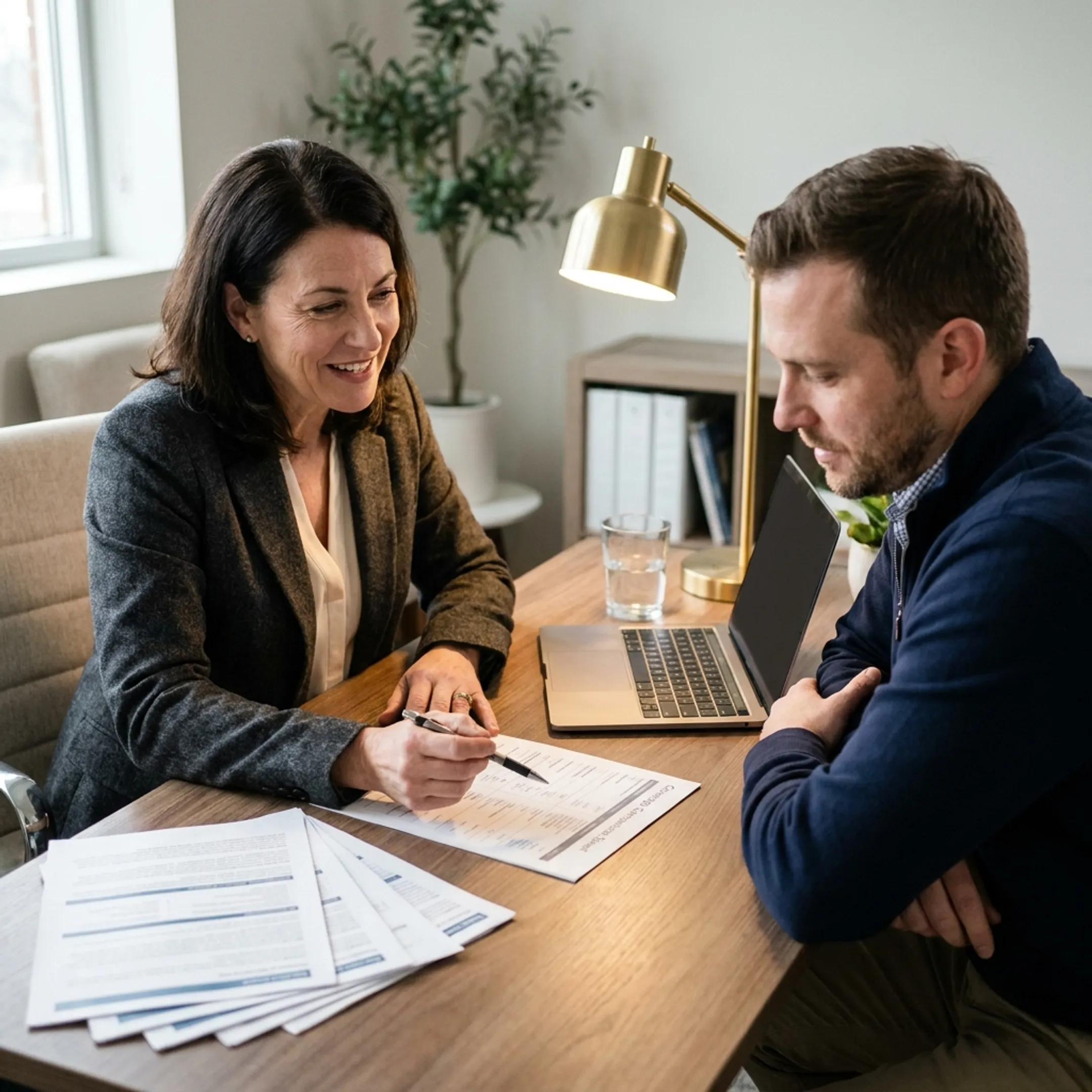 Advisor explaining liability insurance options to a home inspector