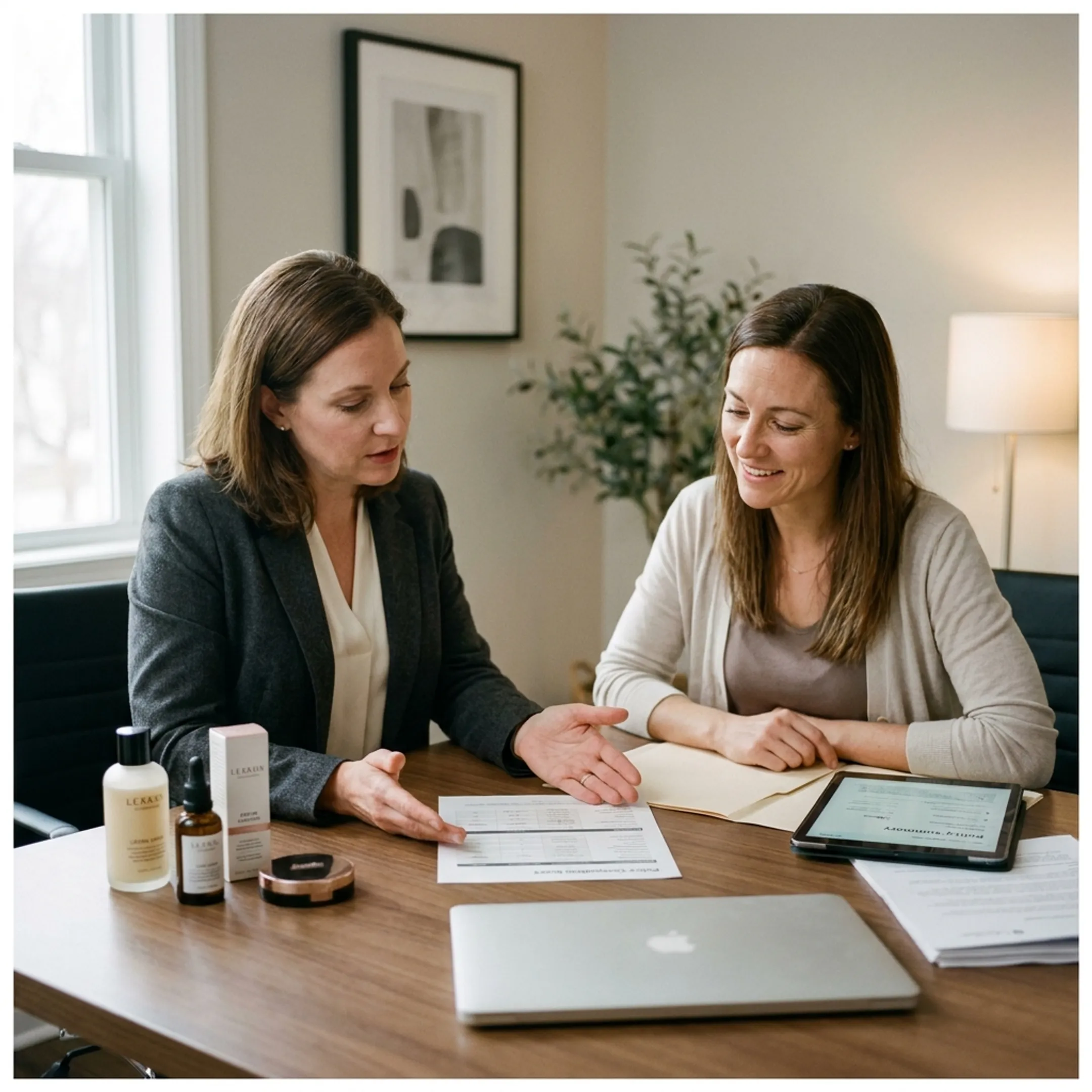 Advisor explaining cosmetics product liability coverage to a business owner