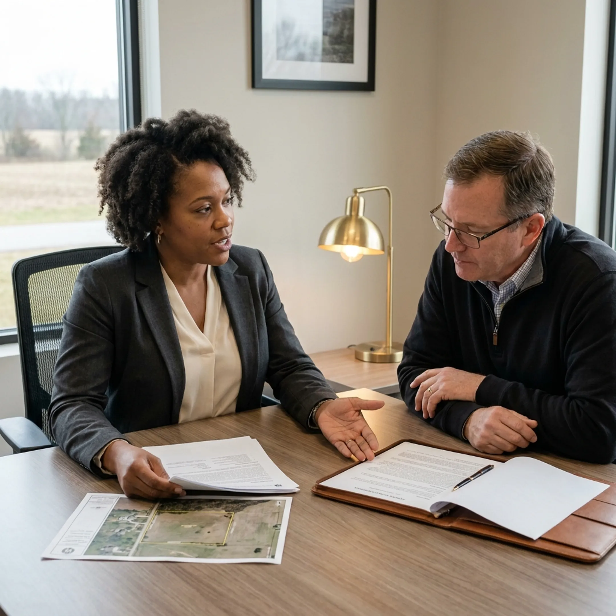 Insurance advisor explaining vacant land liability options to a client