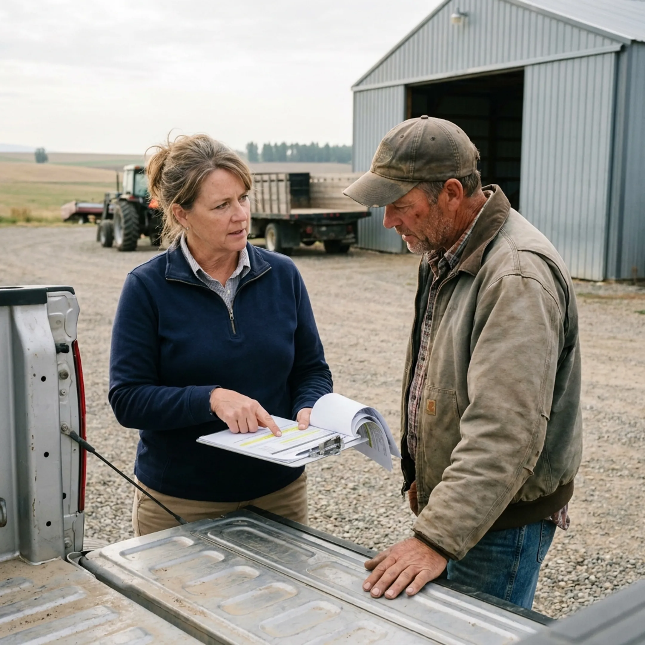 Advisor explaining agricultural business insurance options to a client