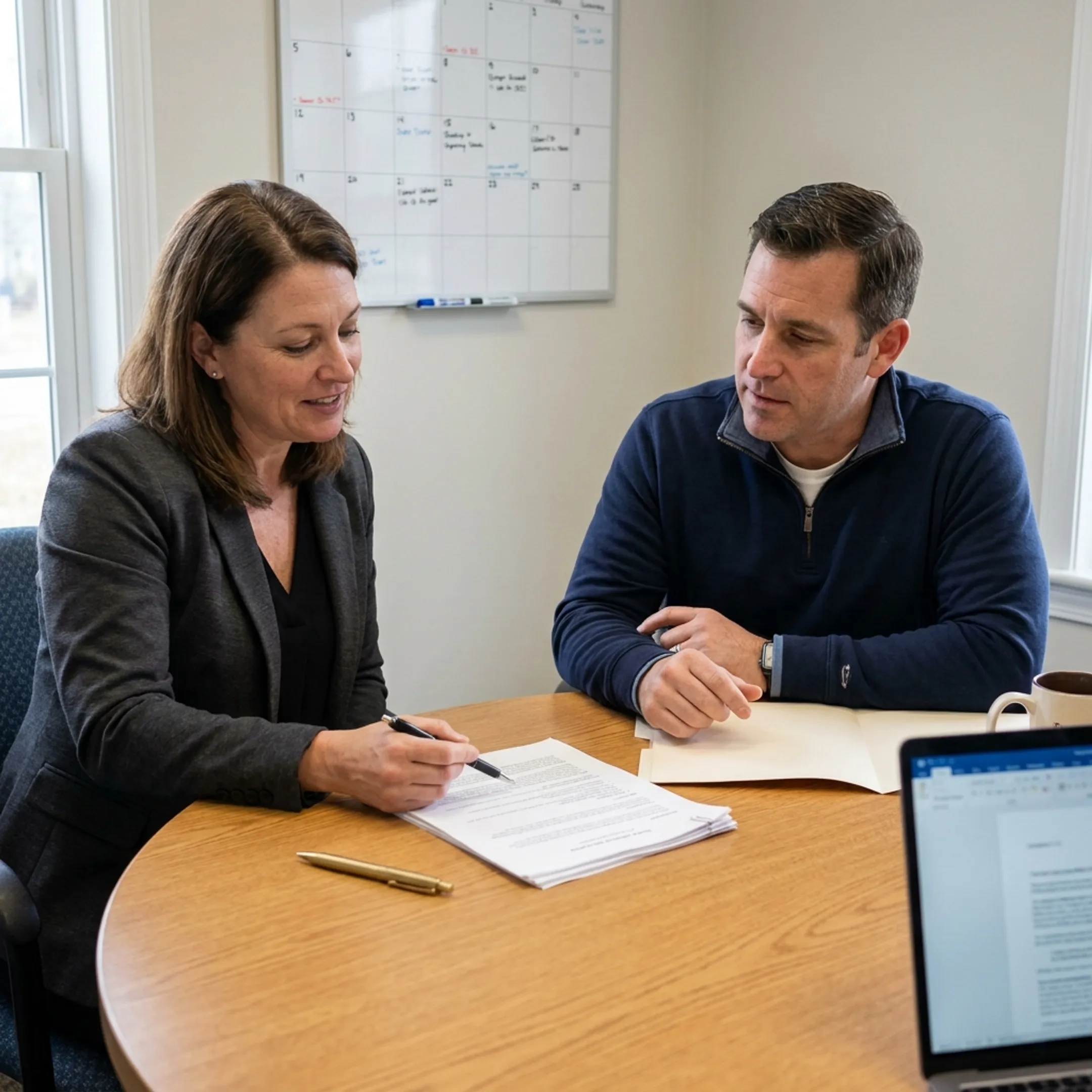 Advisor explaining commercial insurance options to a home health care business owner