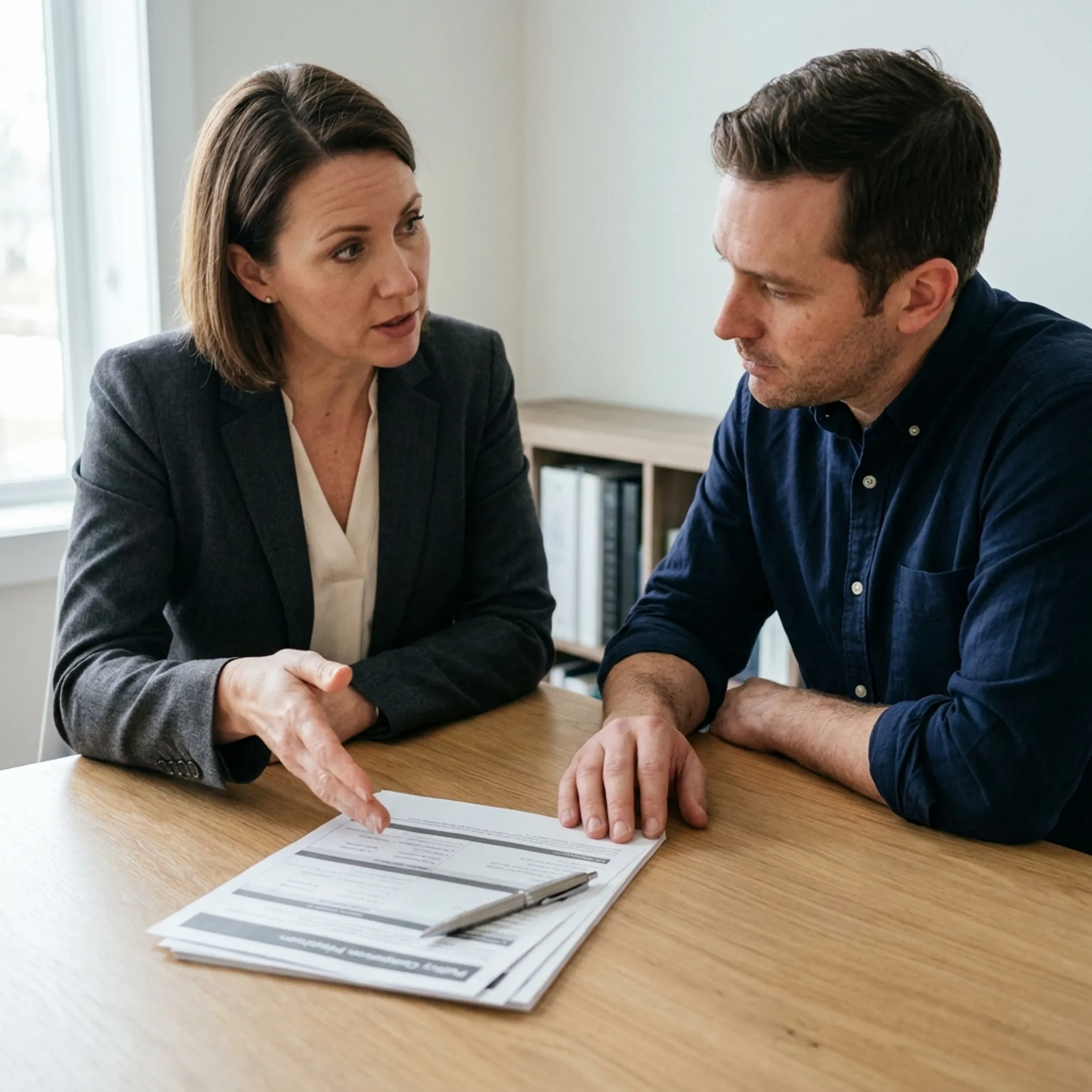 Insurance advisor explaining professional liability coverage to a counselor