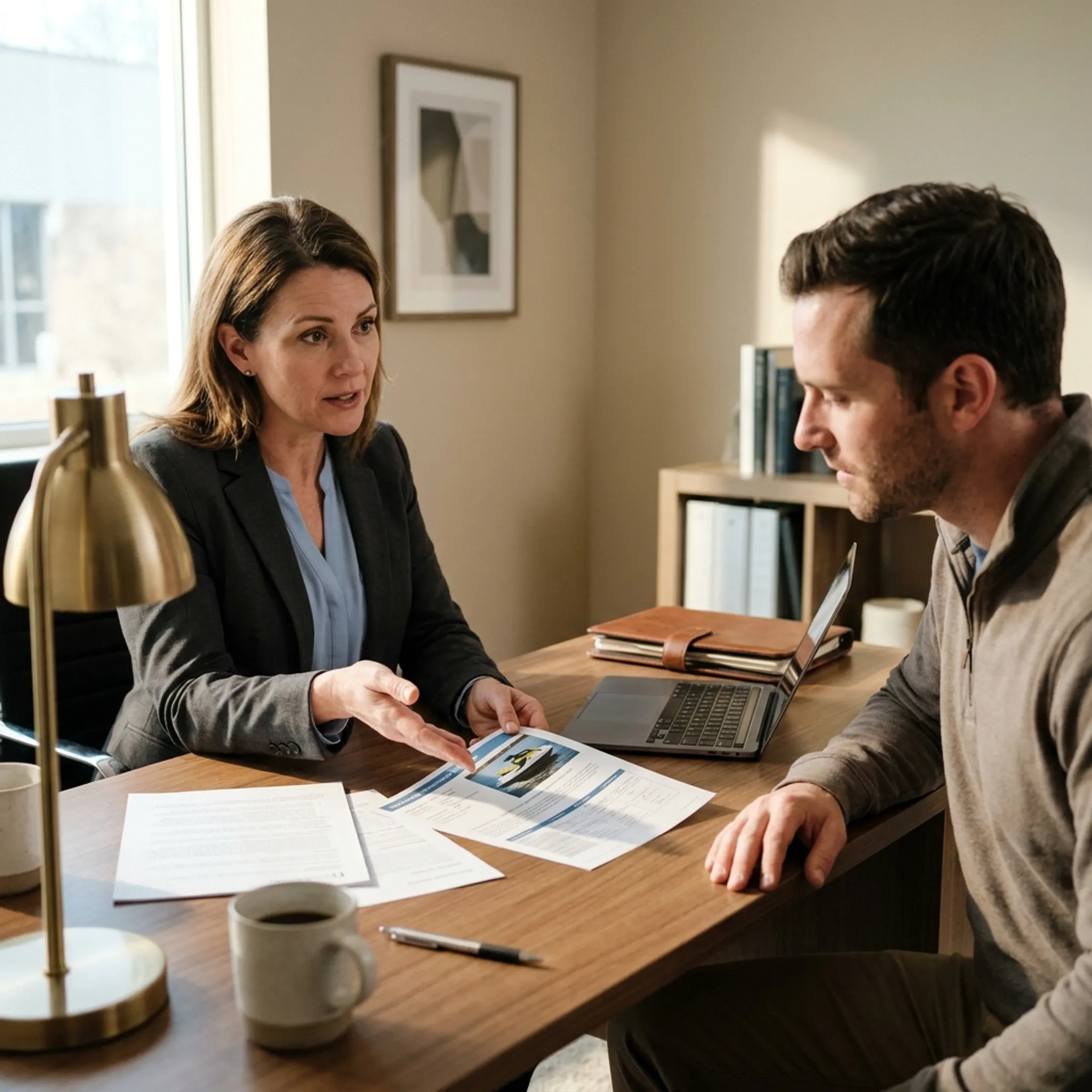 Insurance professional discussing jet ski coverage options with a client