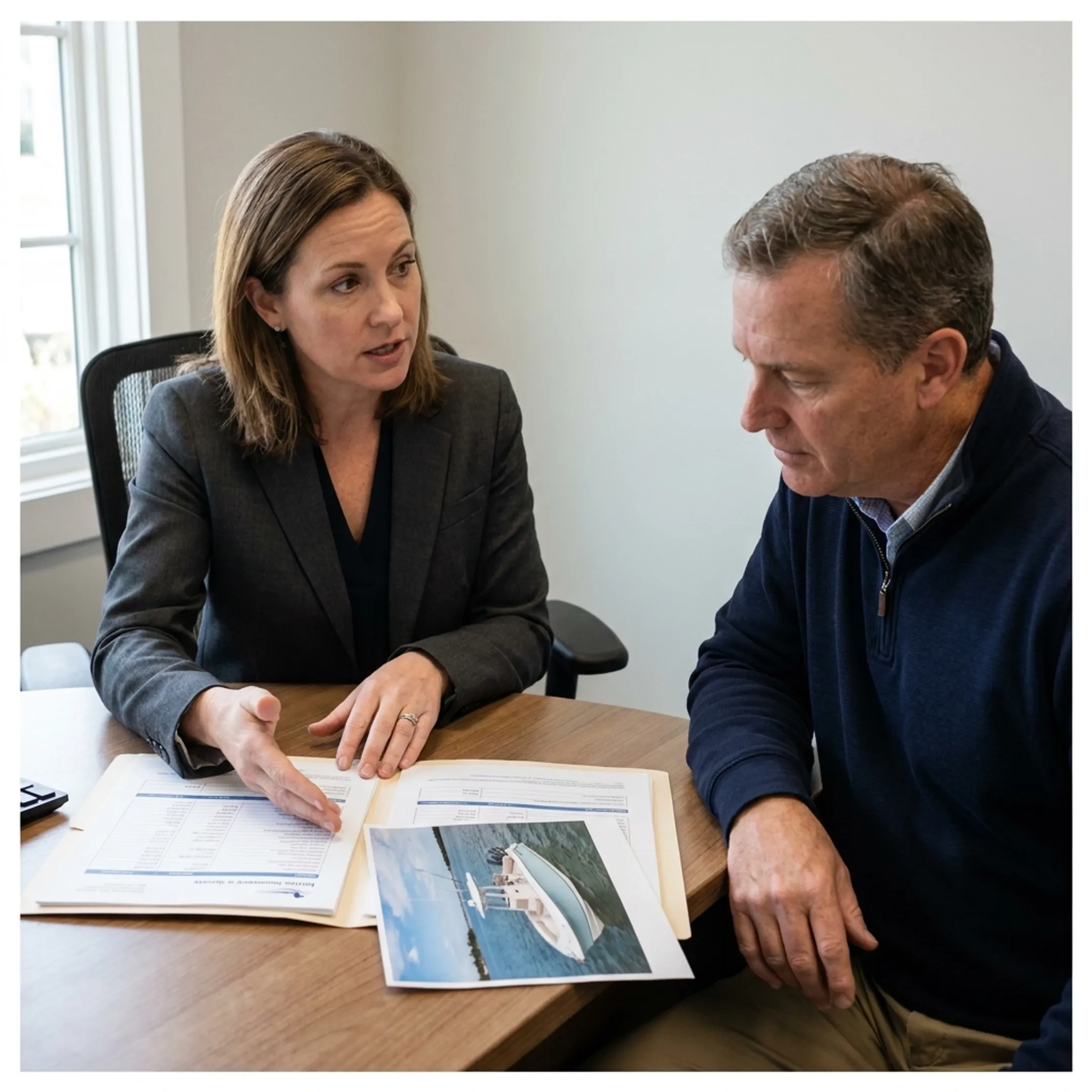 Insurance professional reviewing boat liability coverage with a client