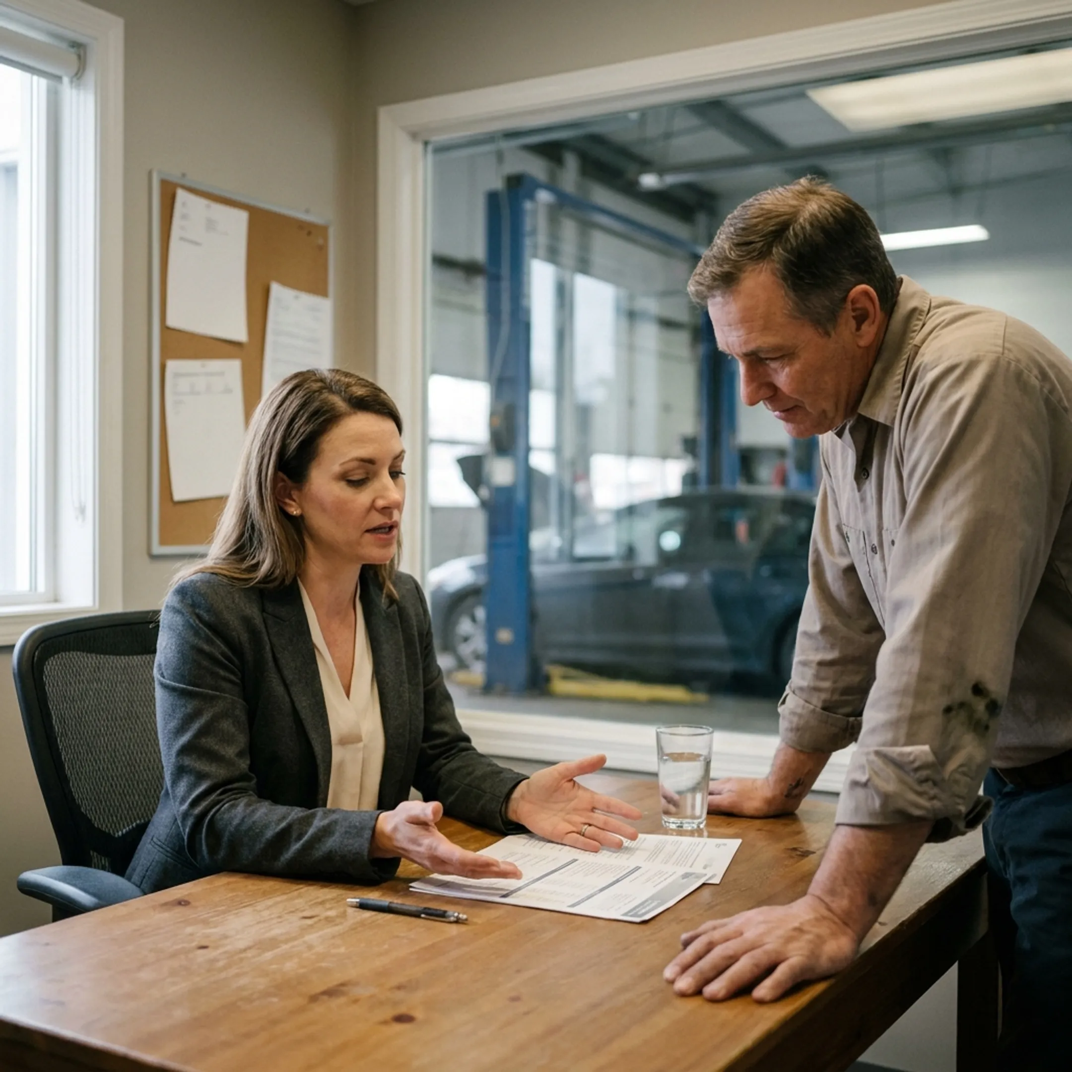 Insurance professional explaining repair shop business coverage to an owner