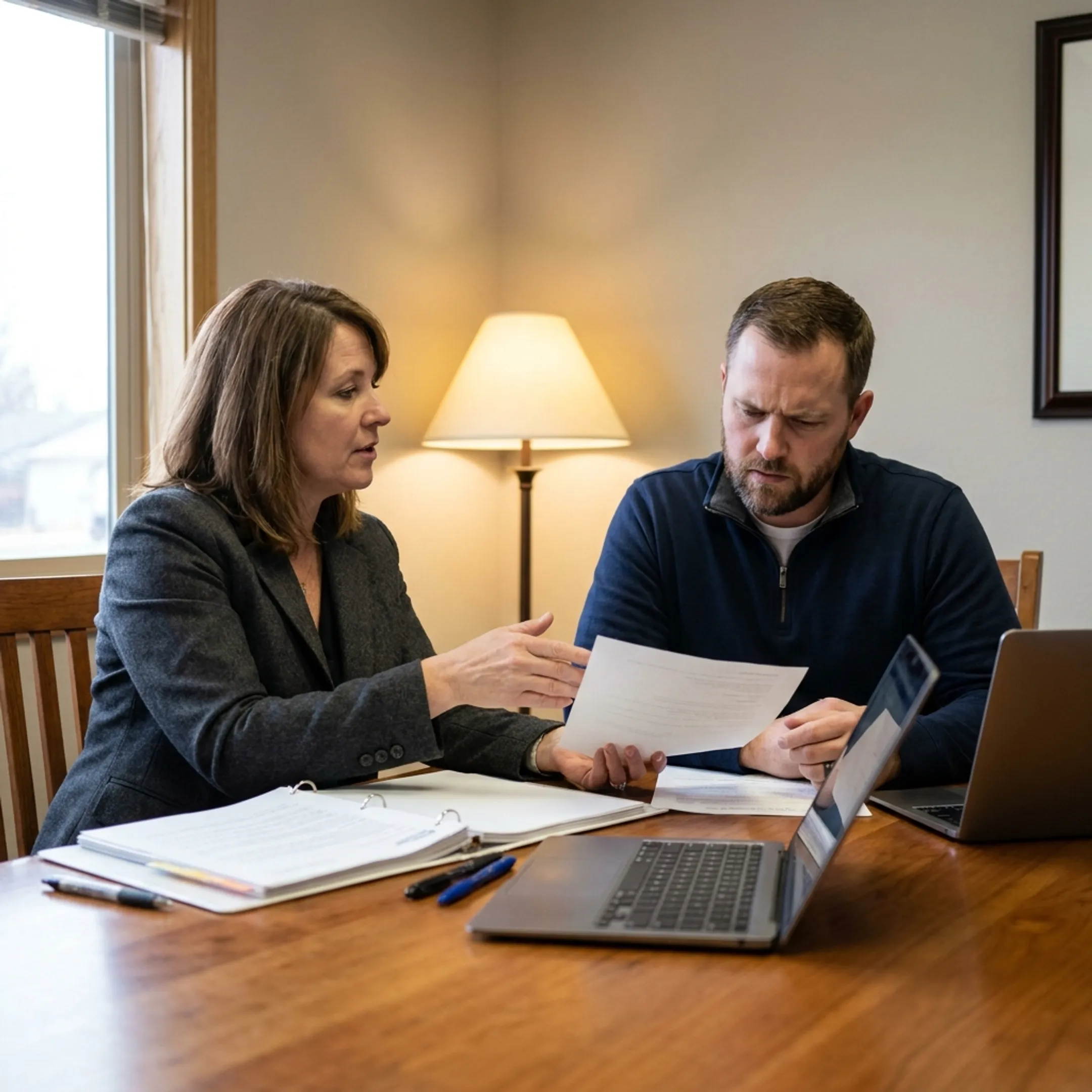 Advisor explaining plumbing business insurance options to a contractor