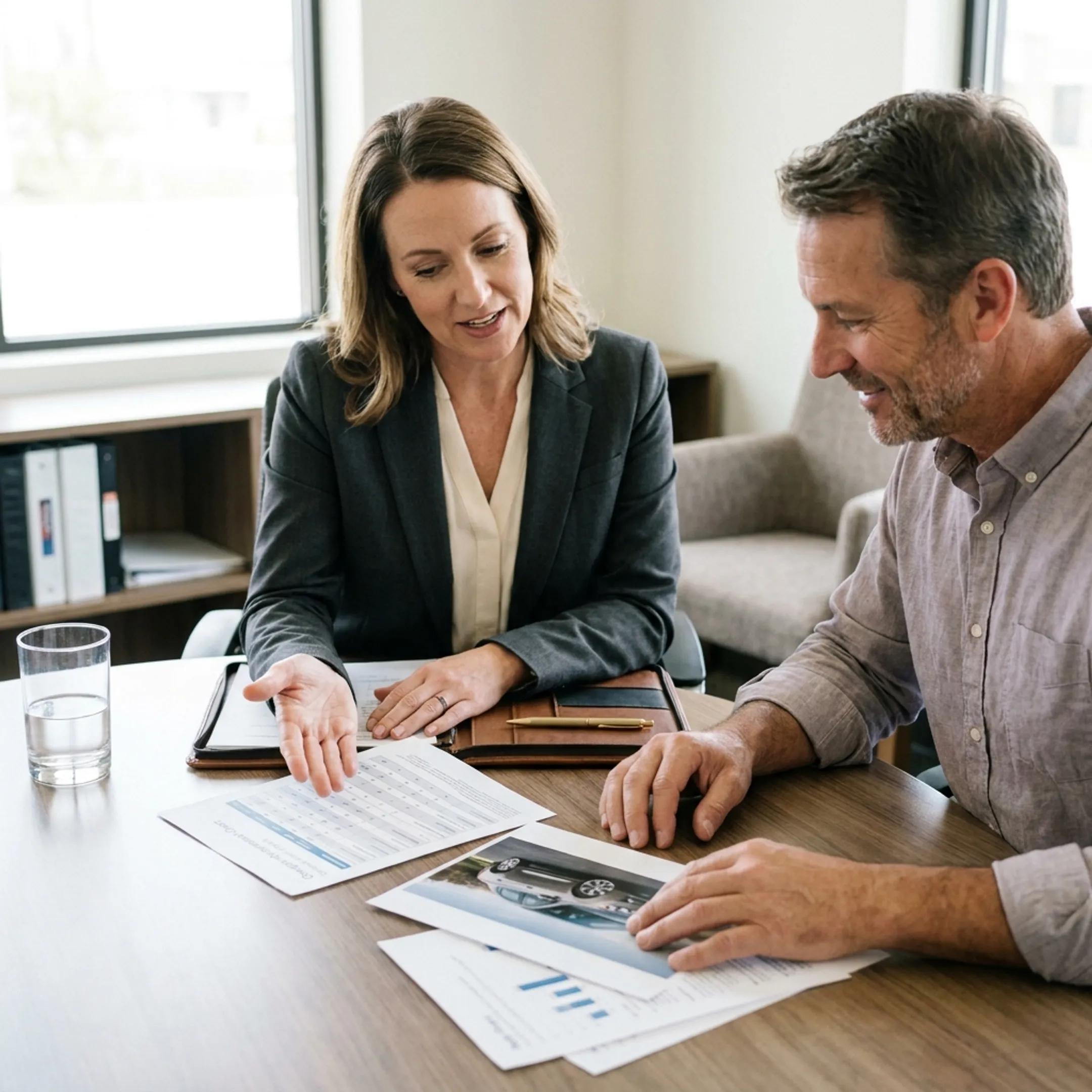 Advisor explaining affordable auto insurance coverage to a client