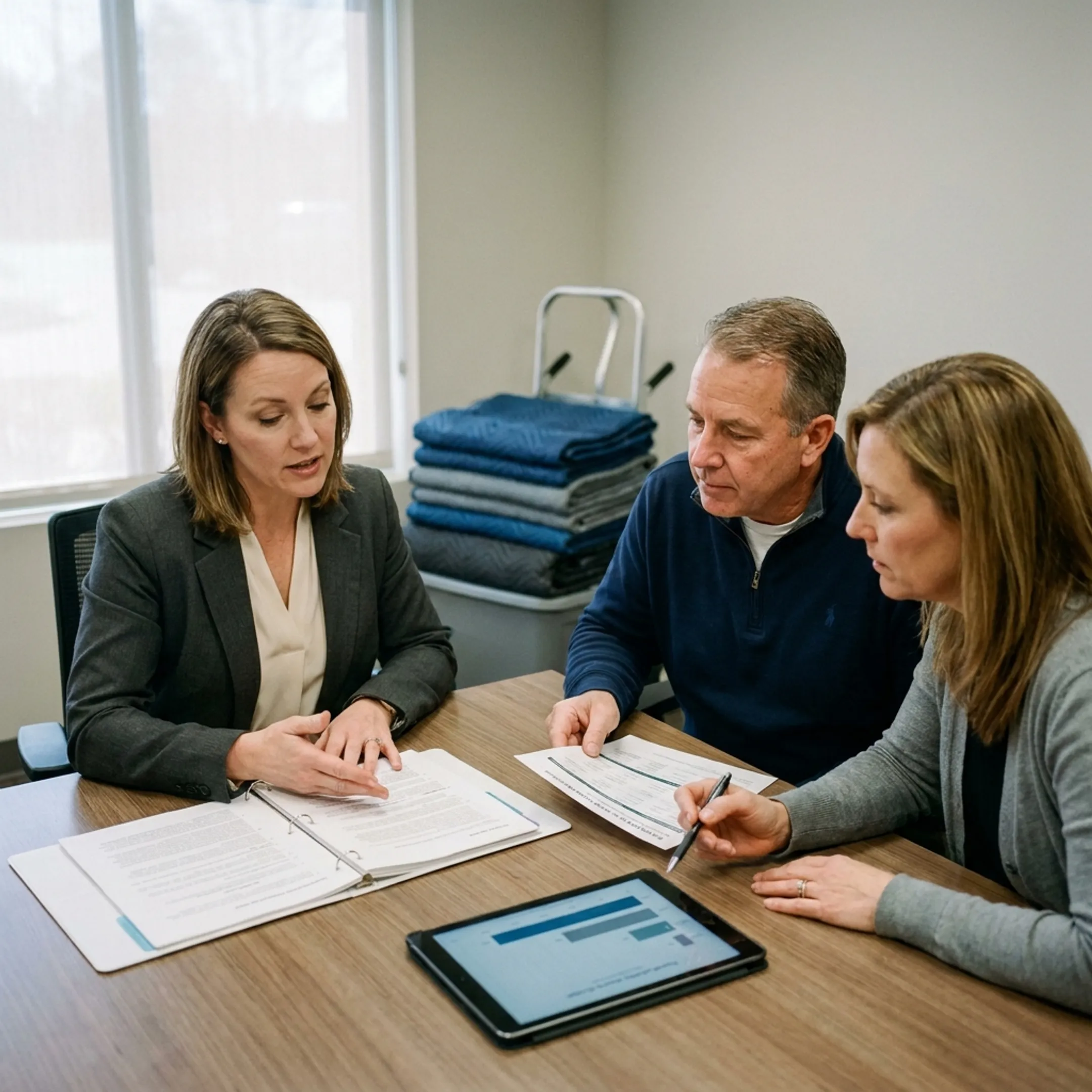 Advisor explaining commercial insurance options to moving company owners