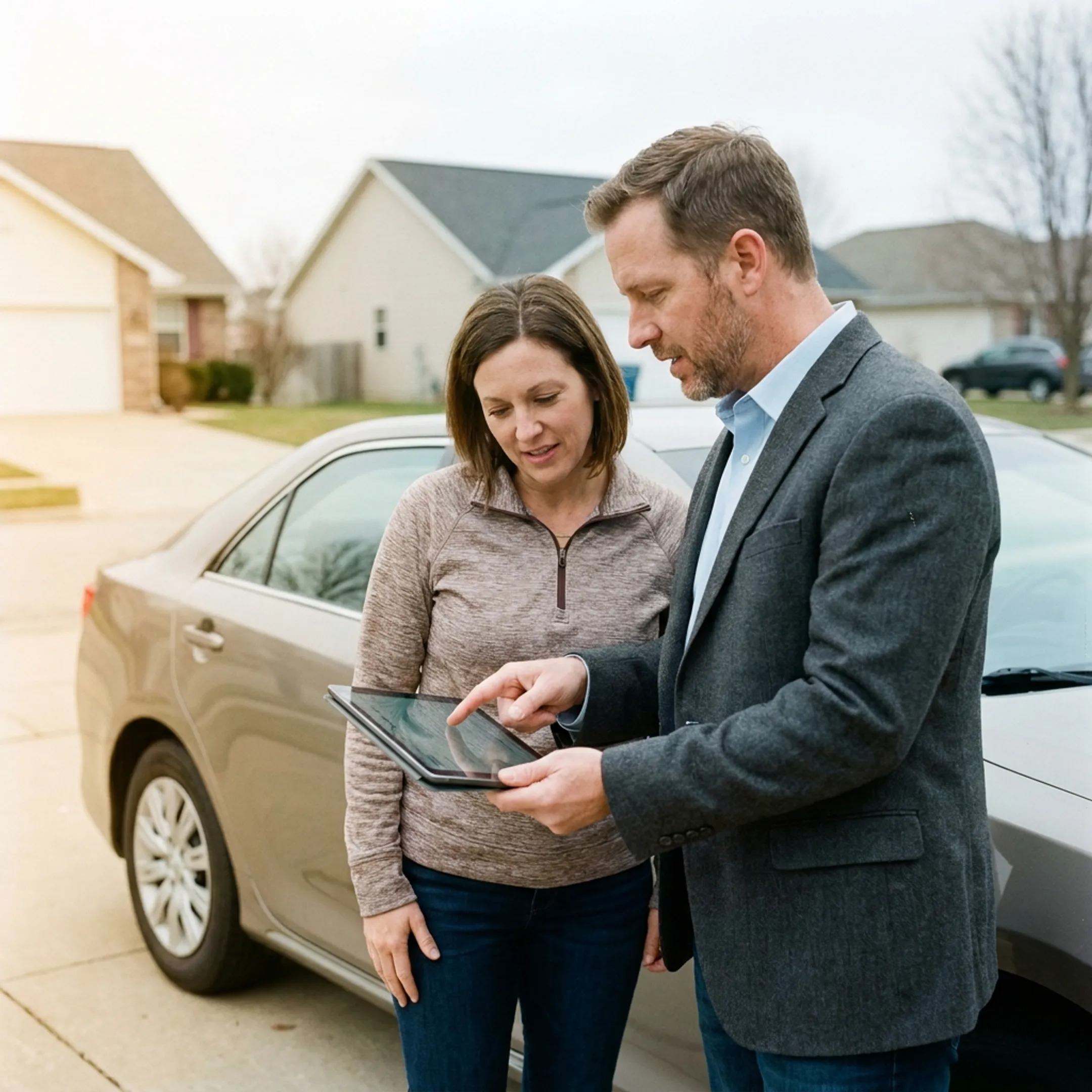 Insurance advisor explaining auto coverage options to a driver
