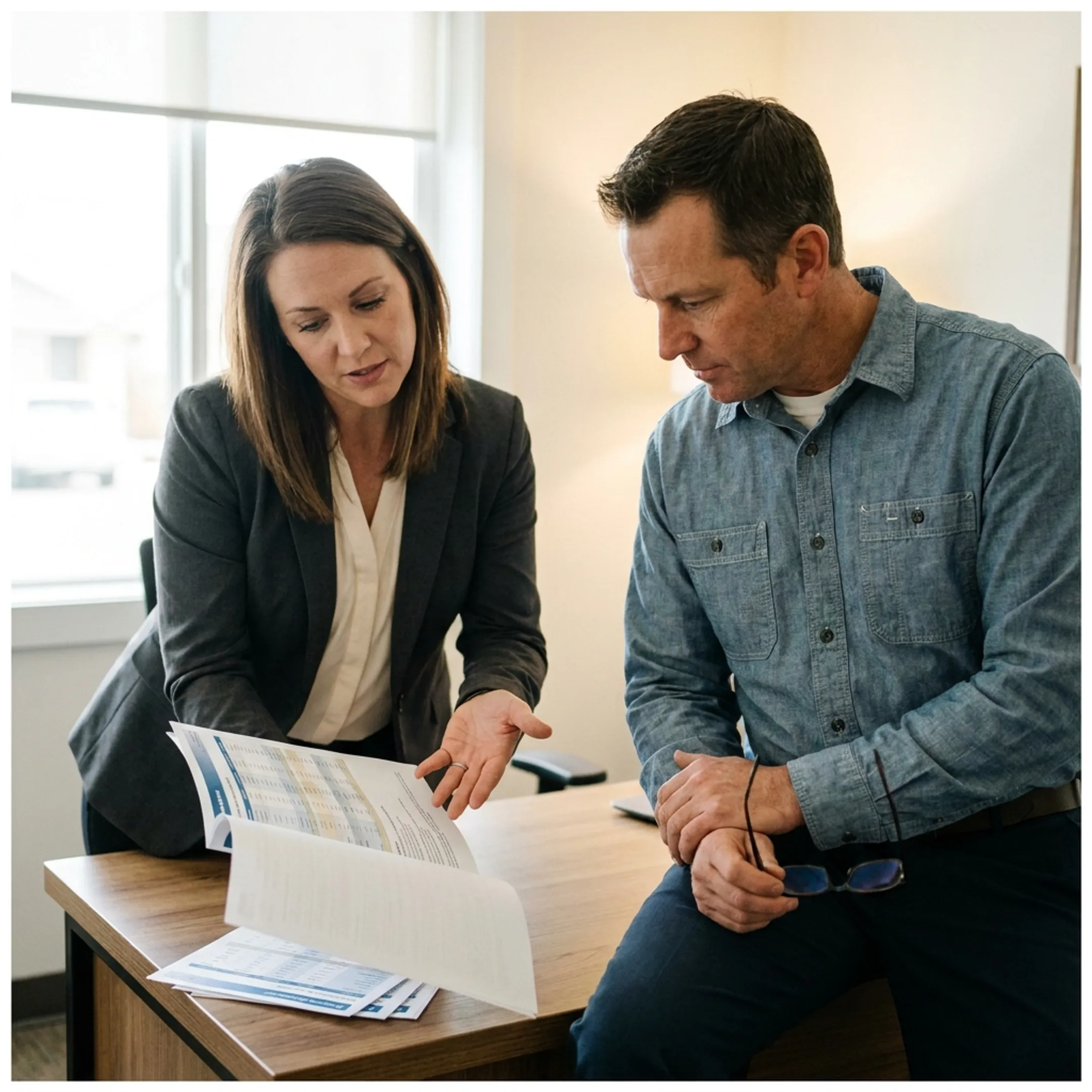 Advisor explaining garage insurance coverage options to a business owner