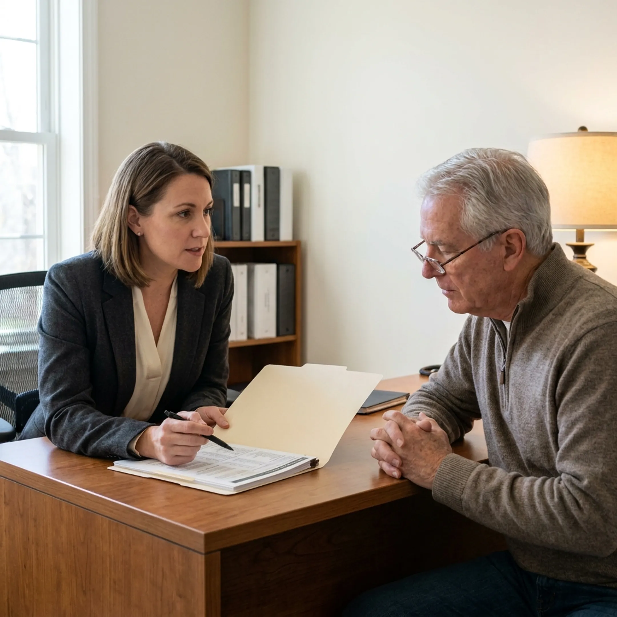 Advisor explaining life insurance coverage choices to a mature client