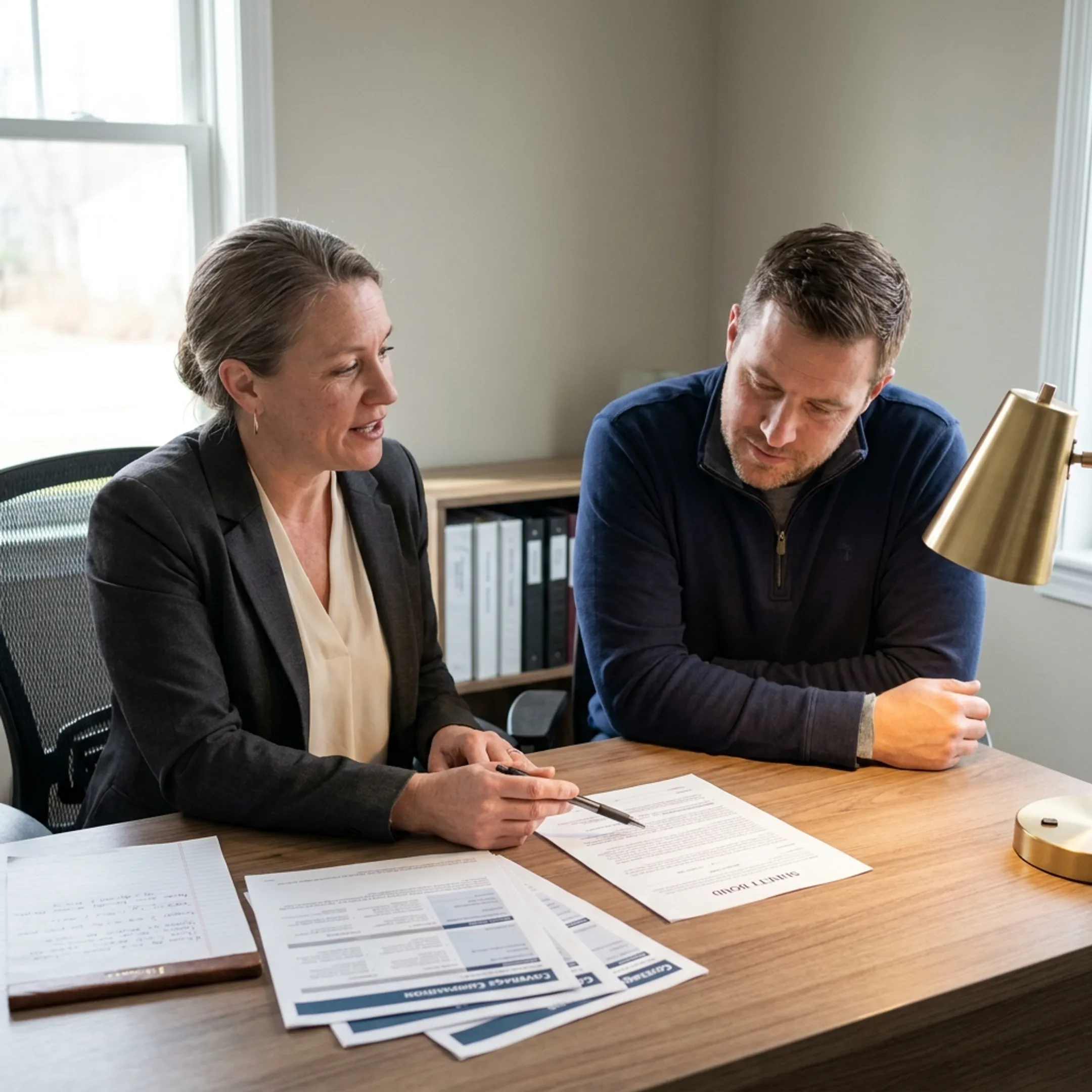 Insurance advisor explaining surety bond options to a small business owner