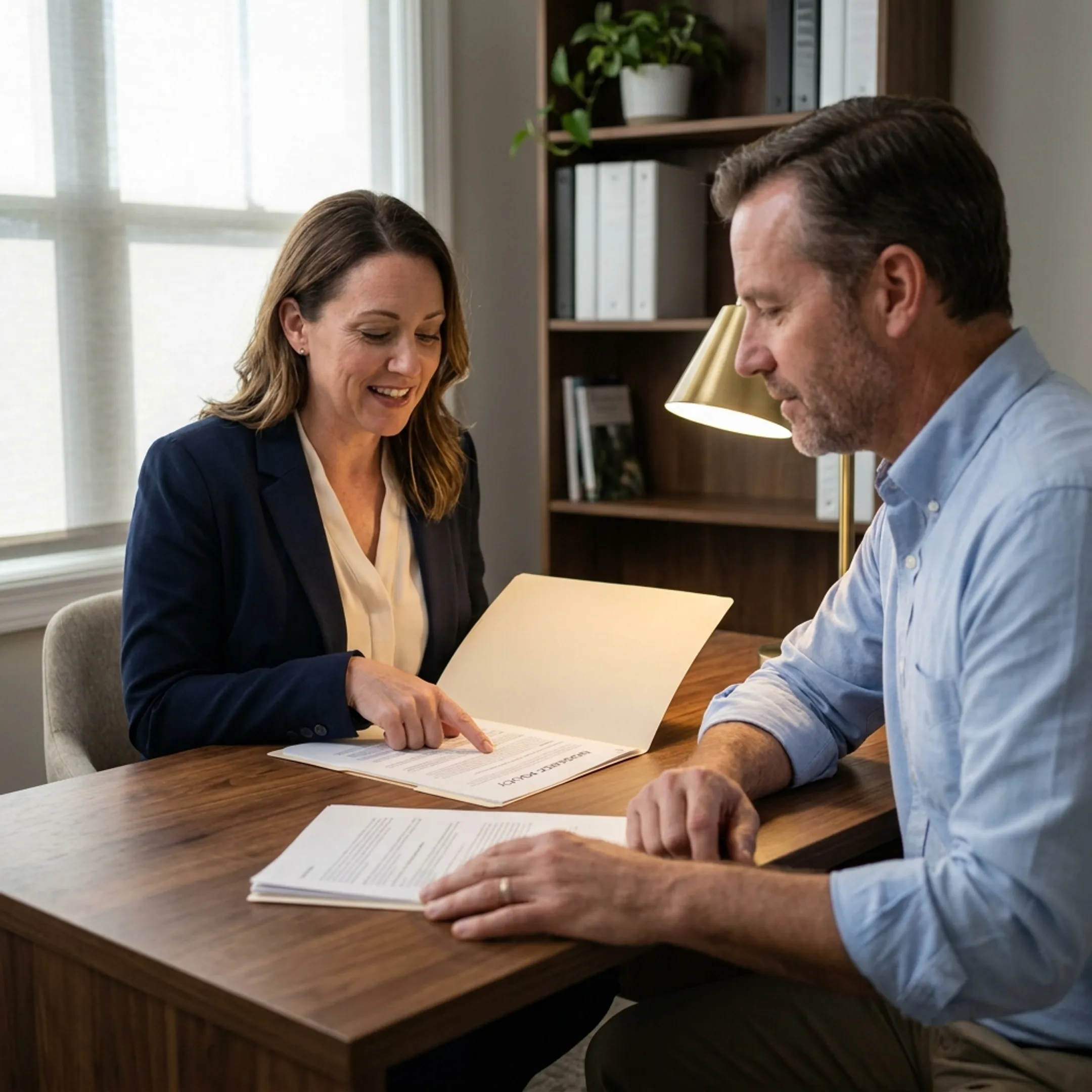 Insurance professional reviewing errors and omissions coverage options with a business client