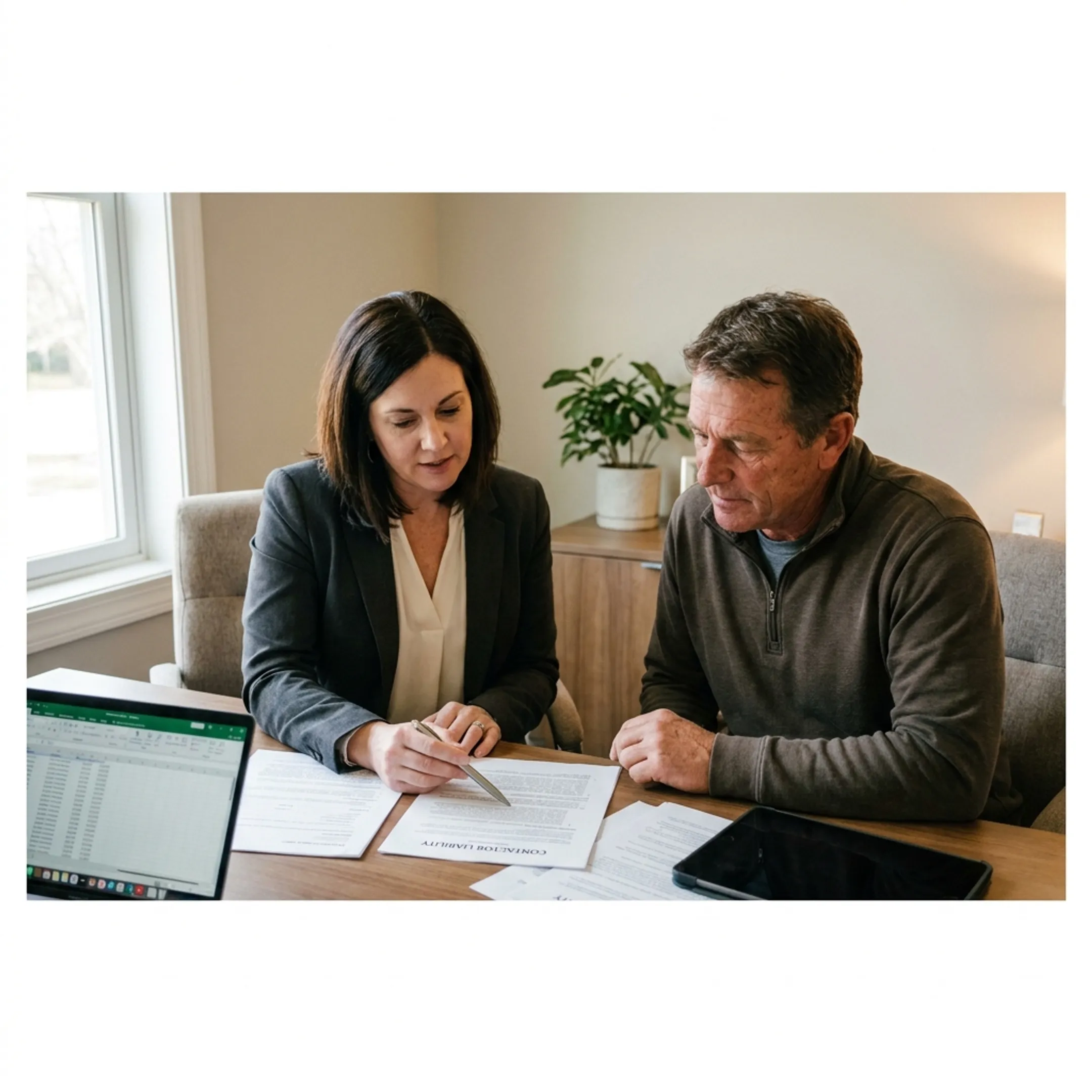 Insurance professional discussing contractor liability coverage with a business owner
