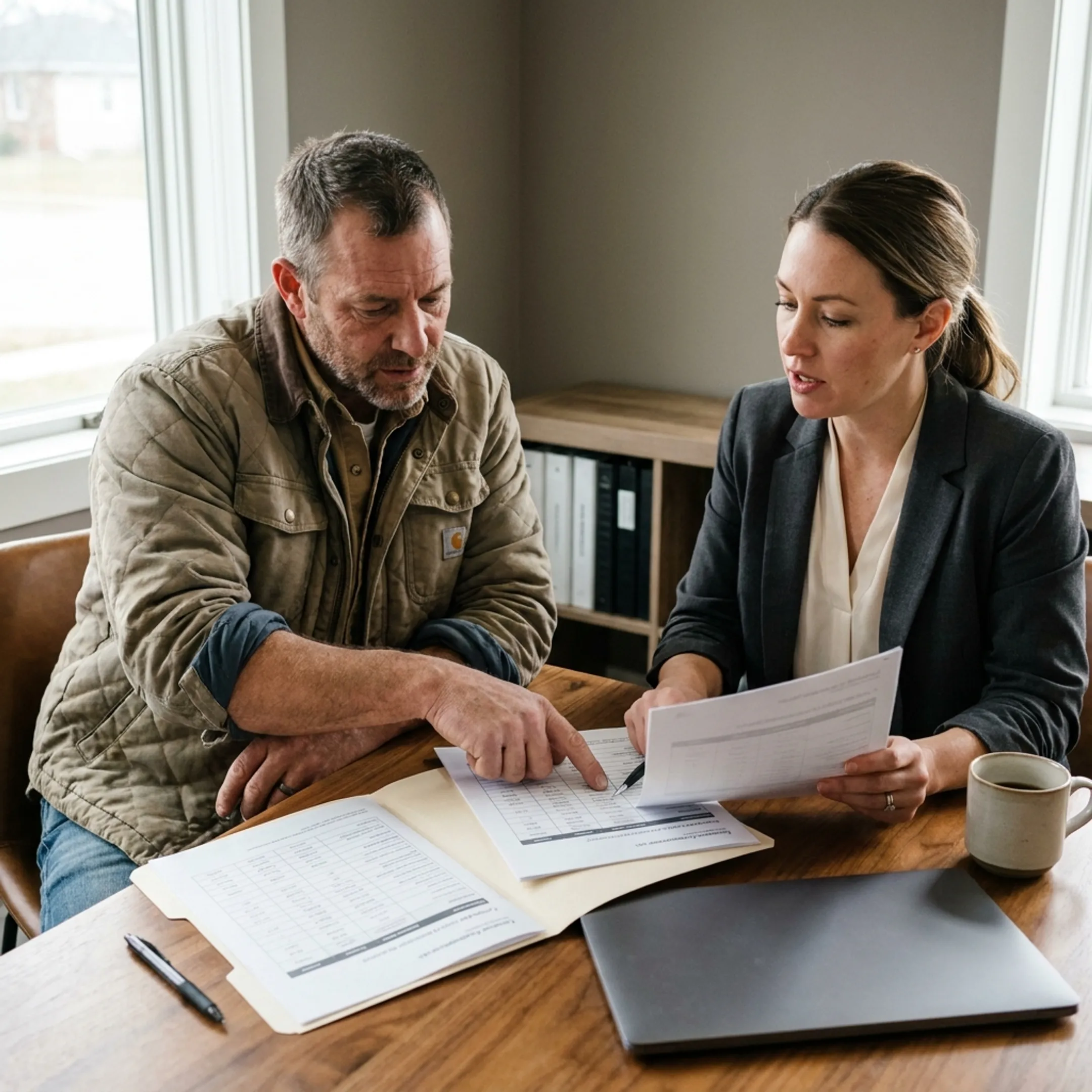 Contractor and insurance advisor reviewing liability protection options