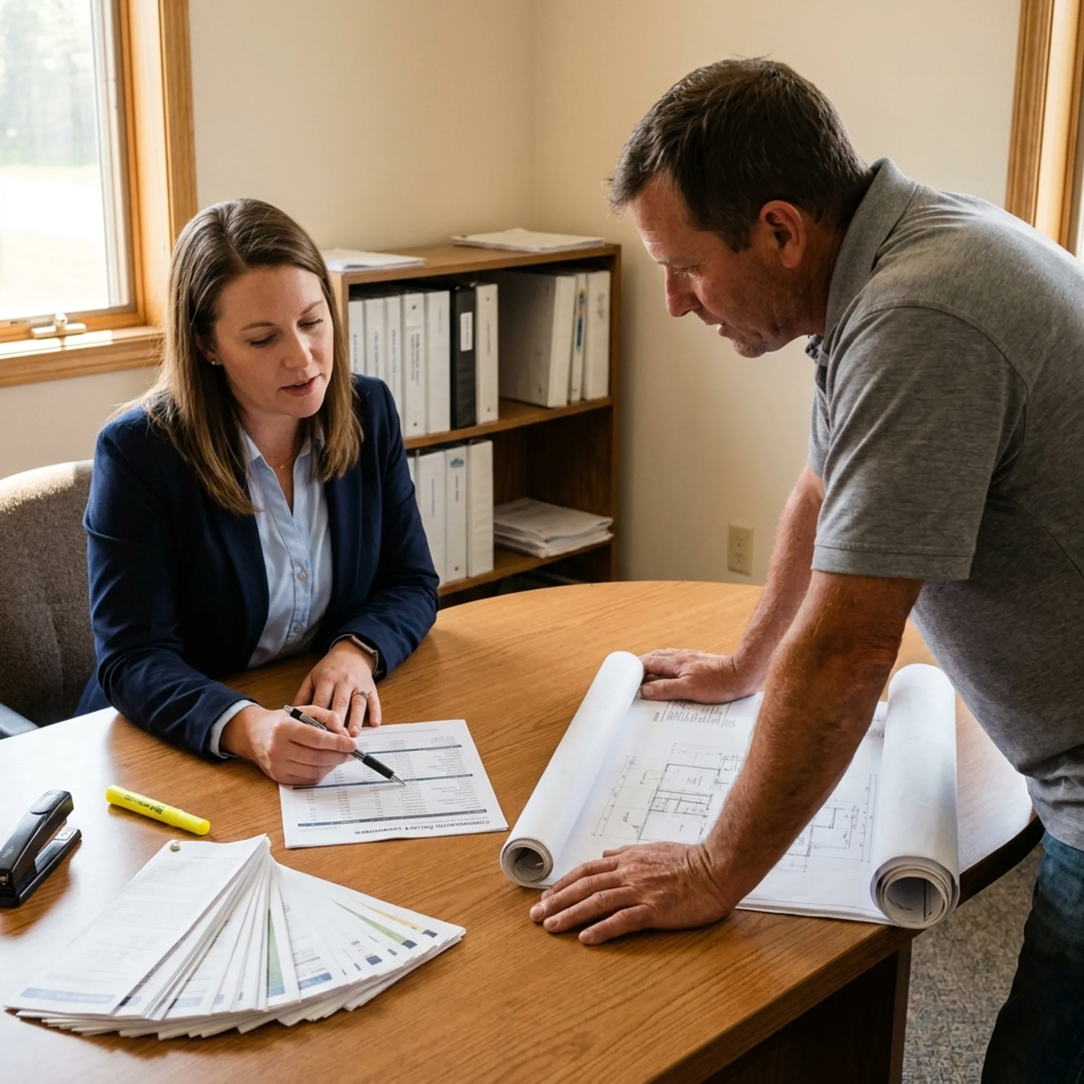 Contractor reviewing roofing insurance options with advisor