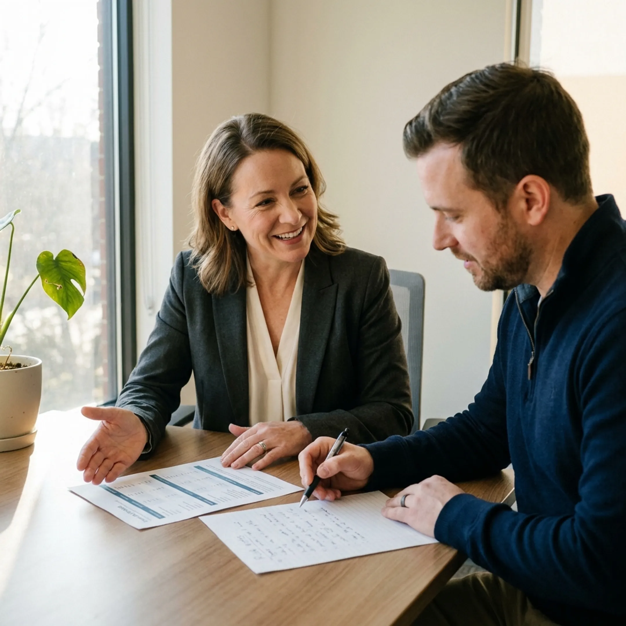 Bookkeeper reviewing professional liability insurance options with an independent insurance advisor