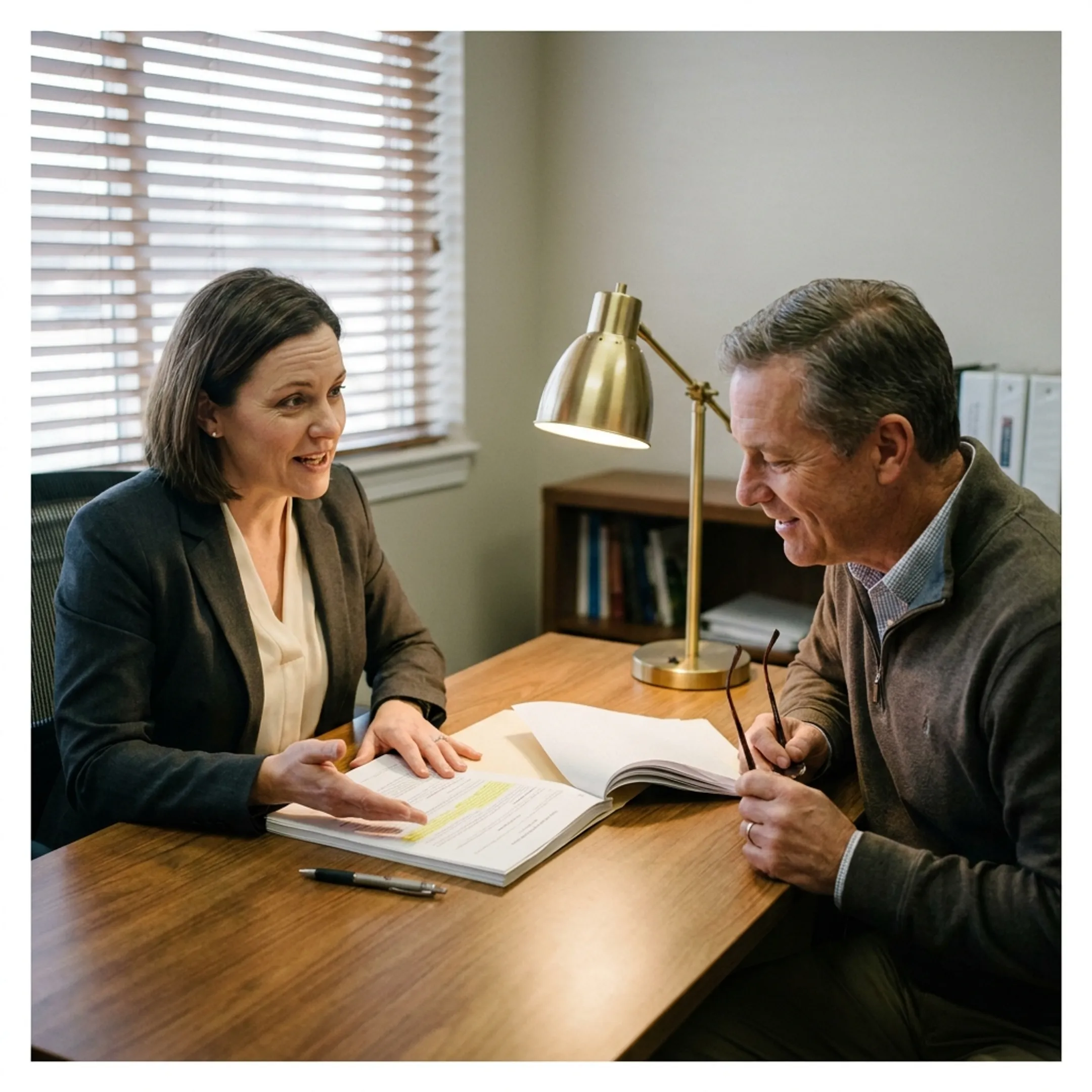 Advisor explaining EPLI insurance documents to a business owner