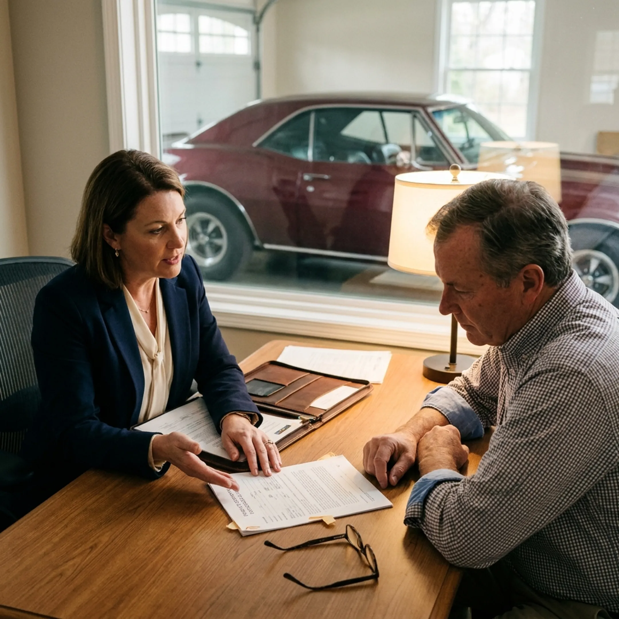 Insurance advisor discussing classic car coverage with a vehicle owner