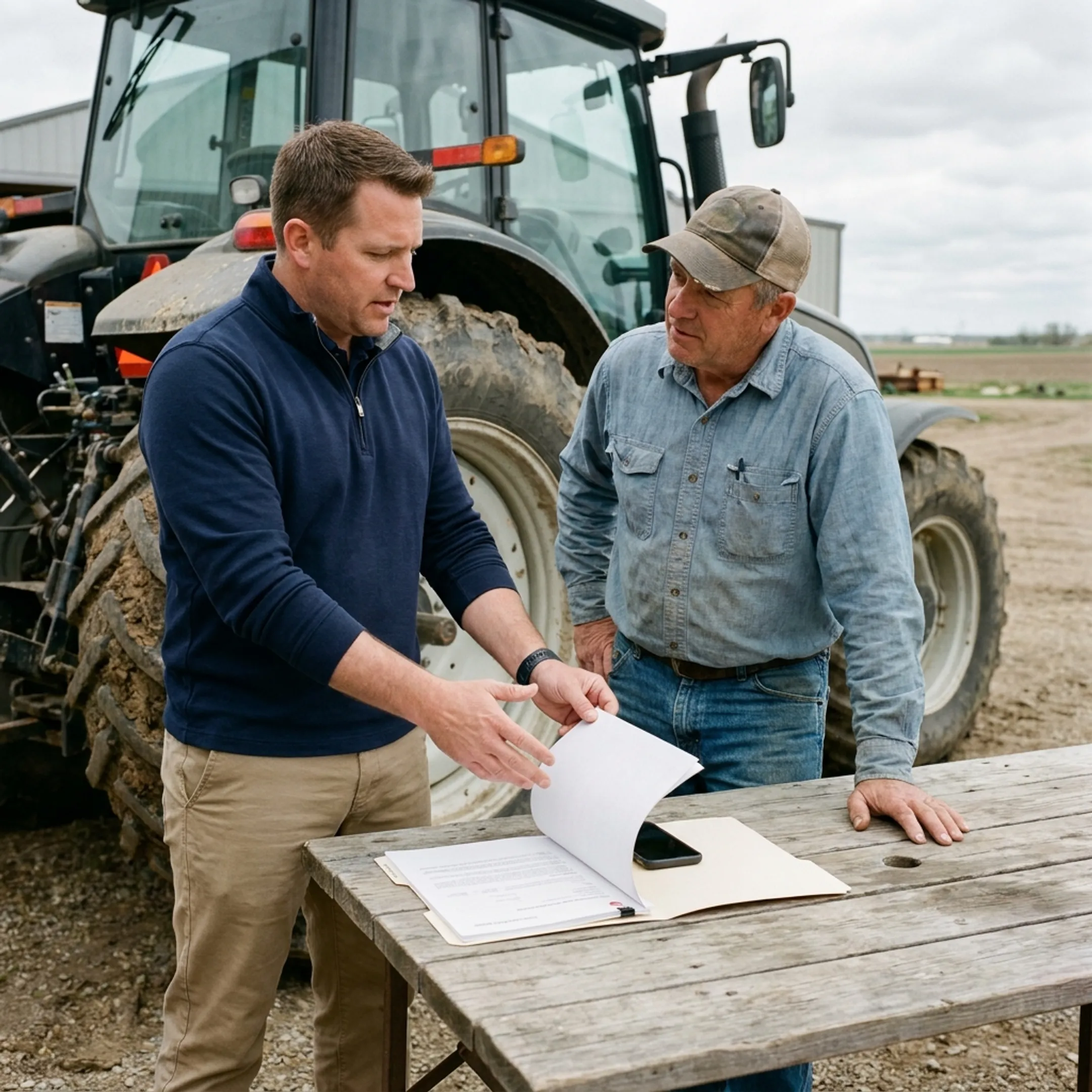 Insurance advisor discussing tractor coverage options with an equipment owner