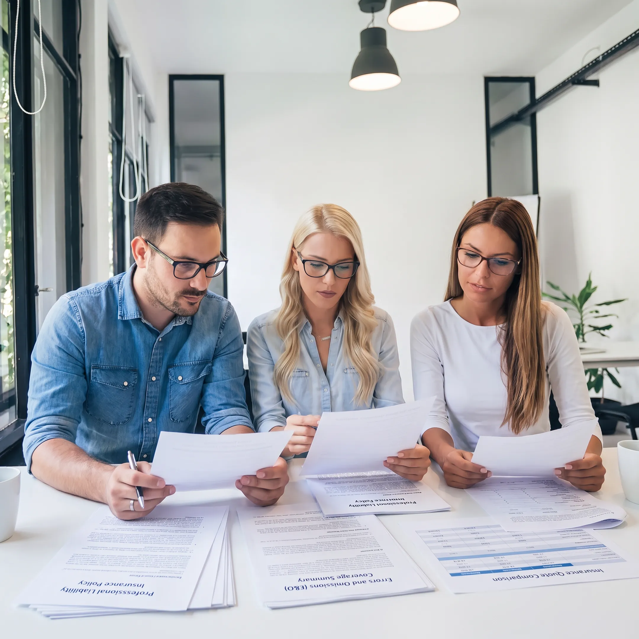 Technology professionals reviewing business insurance coverage with an insurance advisor