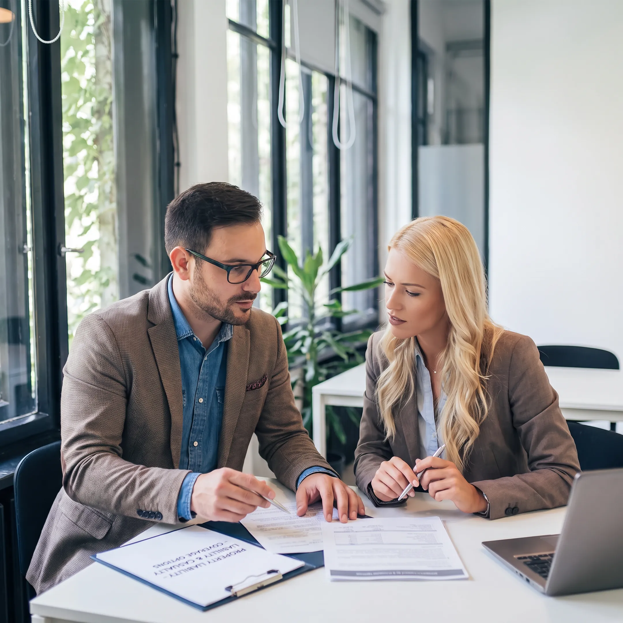 Advisor explaining mixed-use property insurance options to a building owner