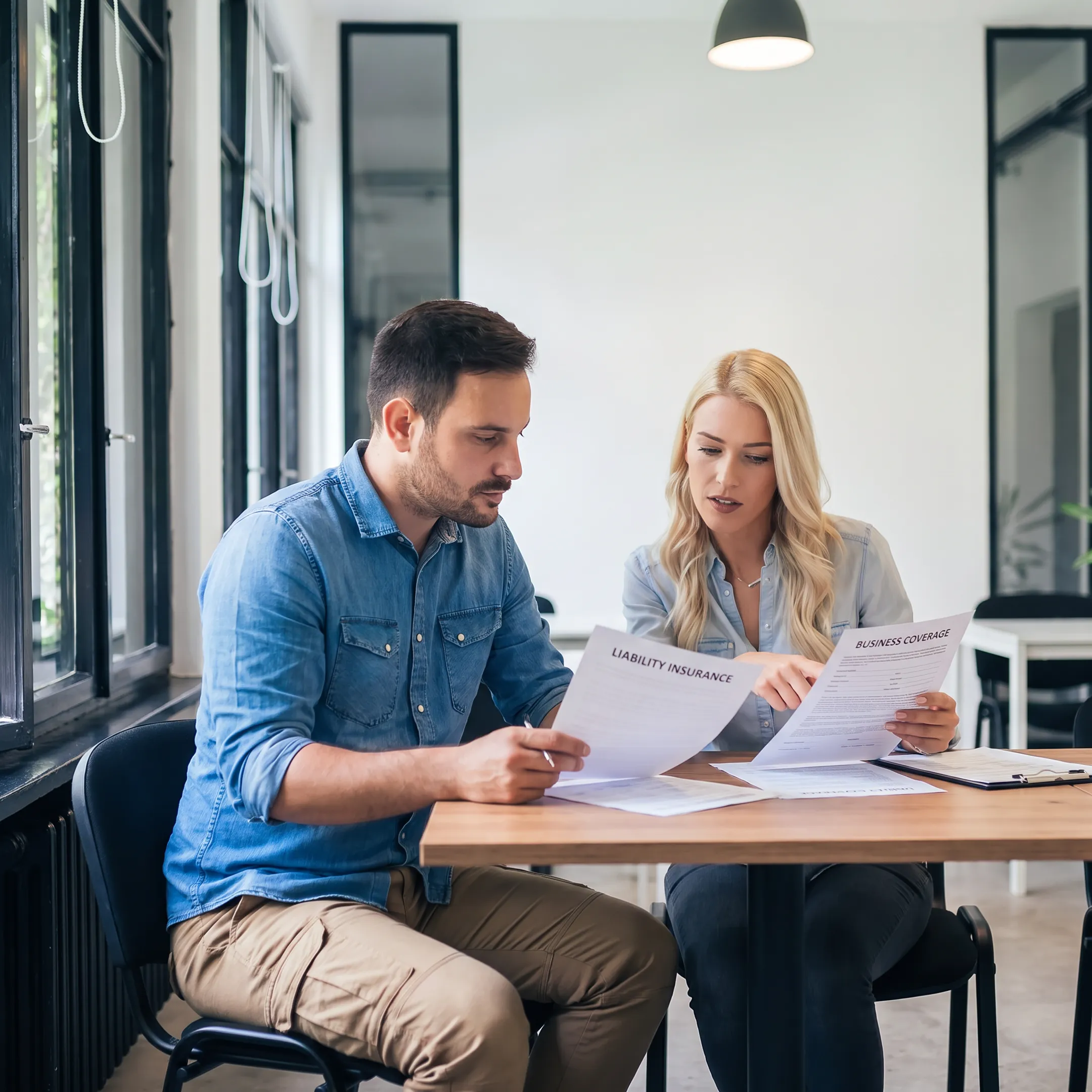Handyman business owner reviewing liability insurance options with an advisor