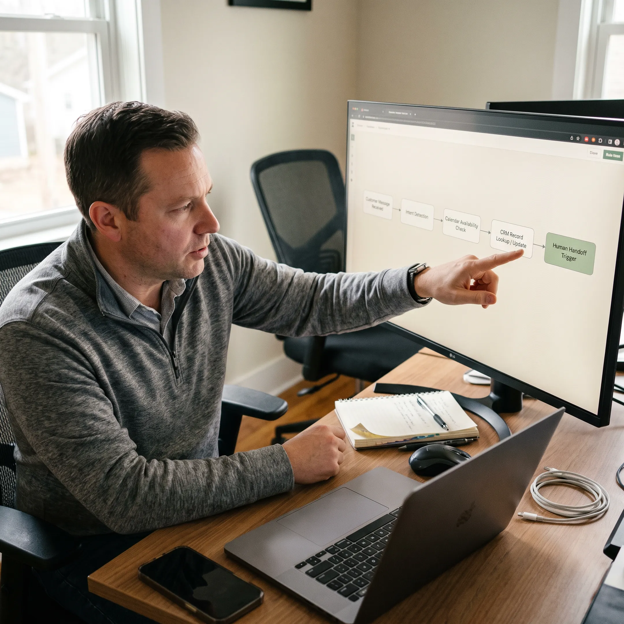 AI booking workflow connected to a calendar and CRM