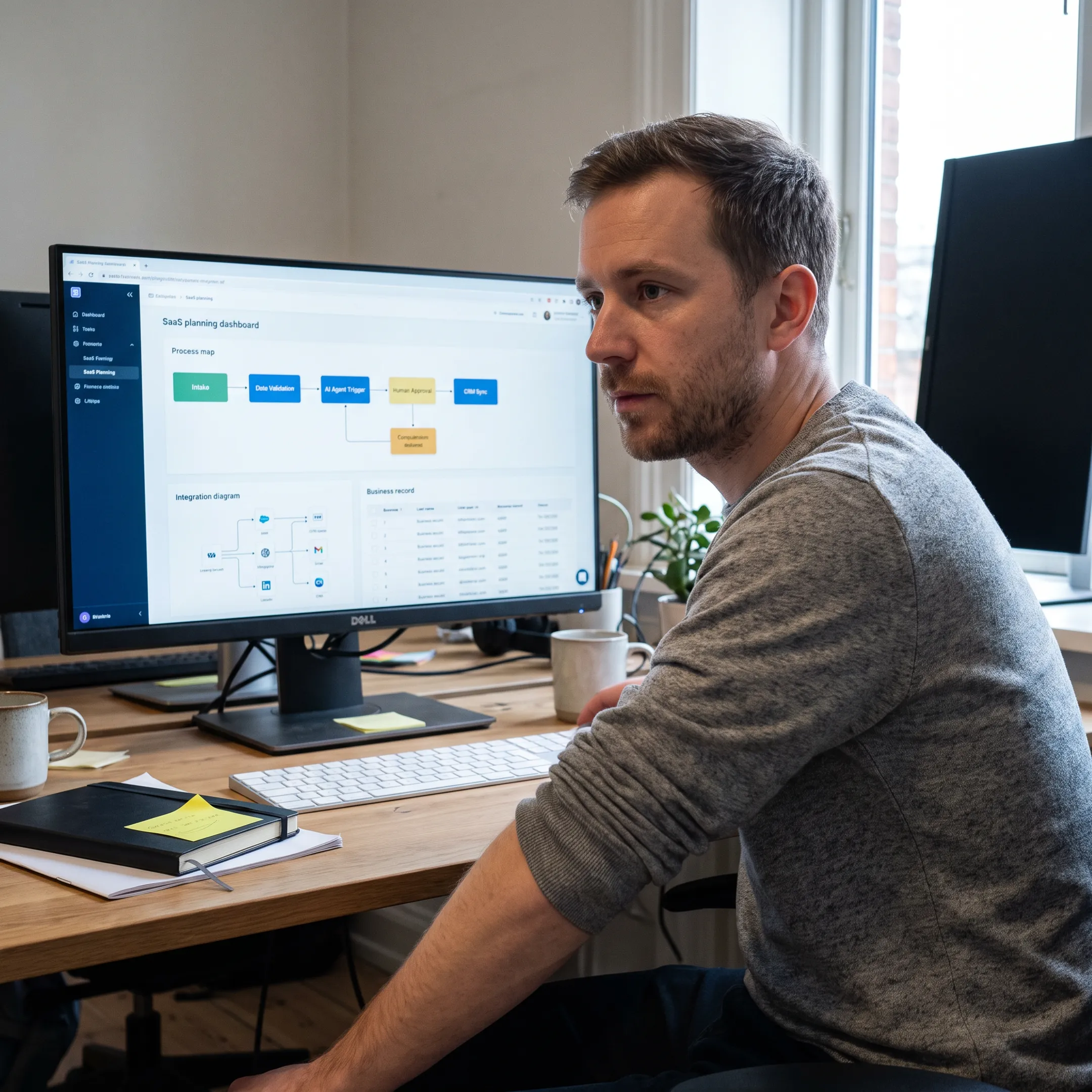 Engineer planning a custom AI business system with workflow and data diagrams