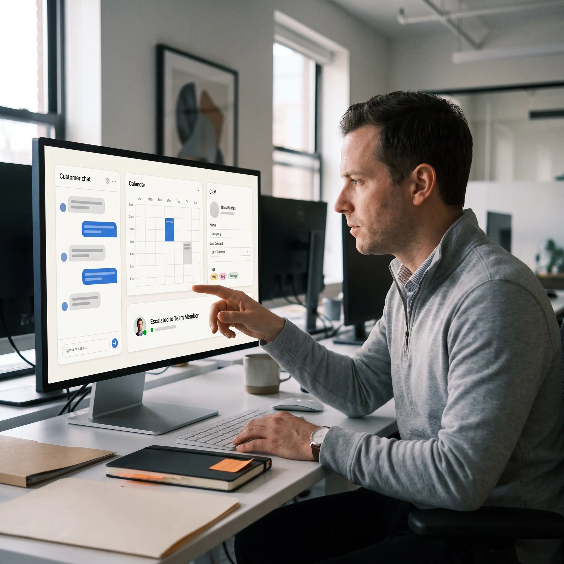 Booking automation workflow connecting an AI assistant with a calendar and CRM