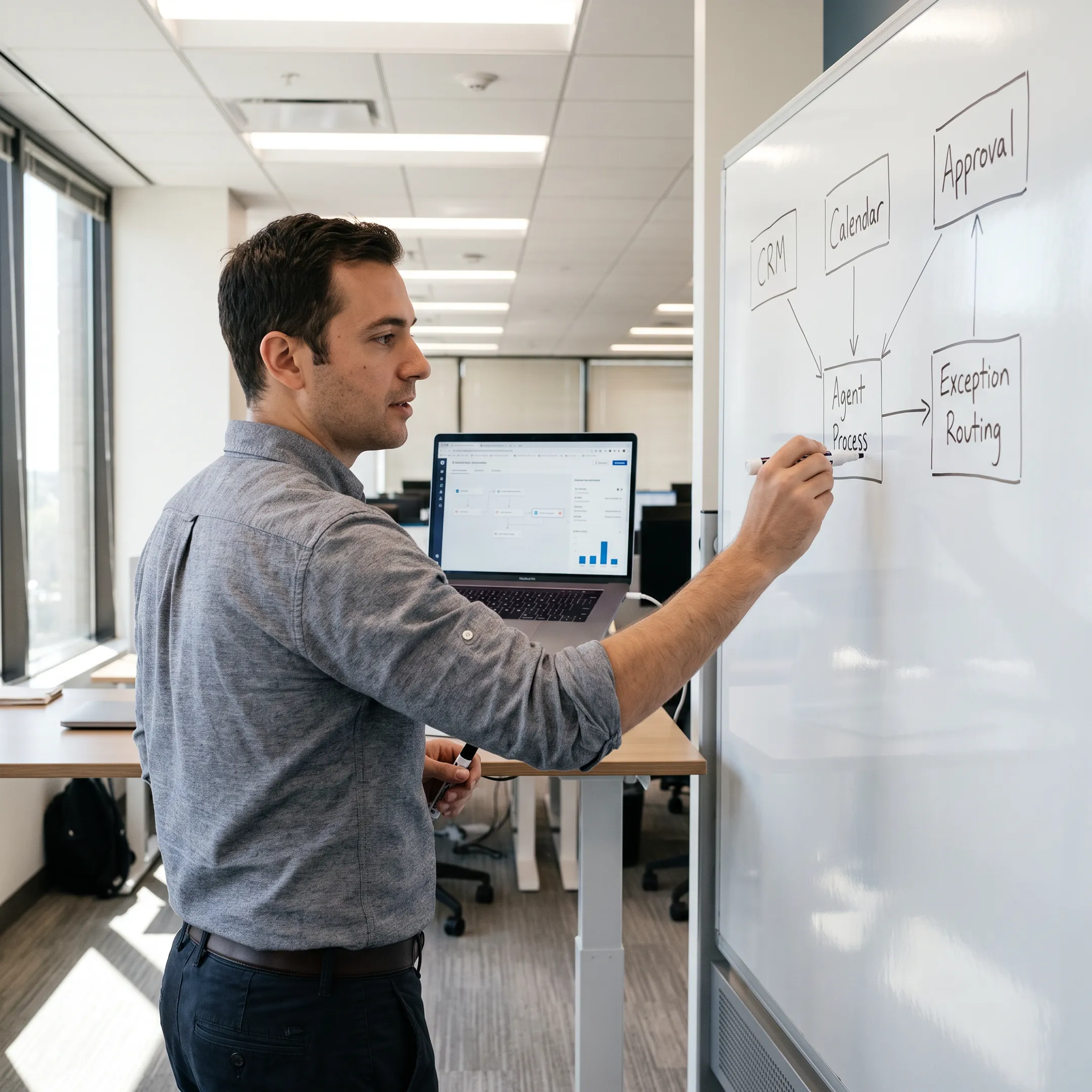 Engineer mapping an AI agent process with business tools and human approval points