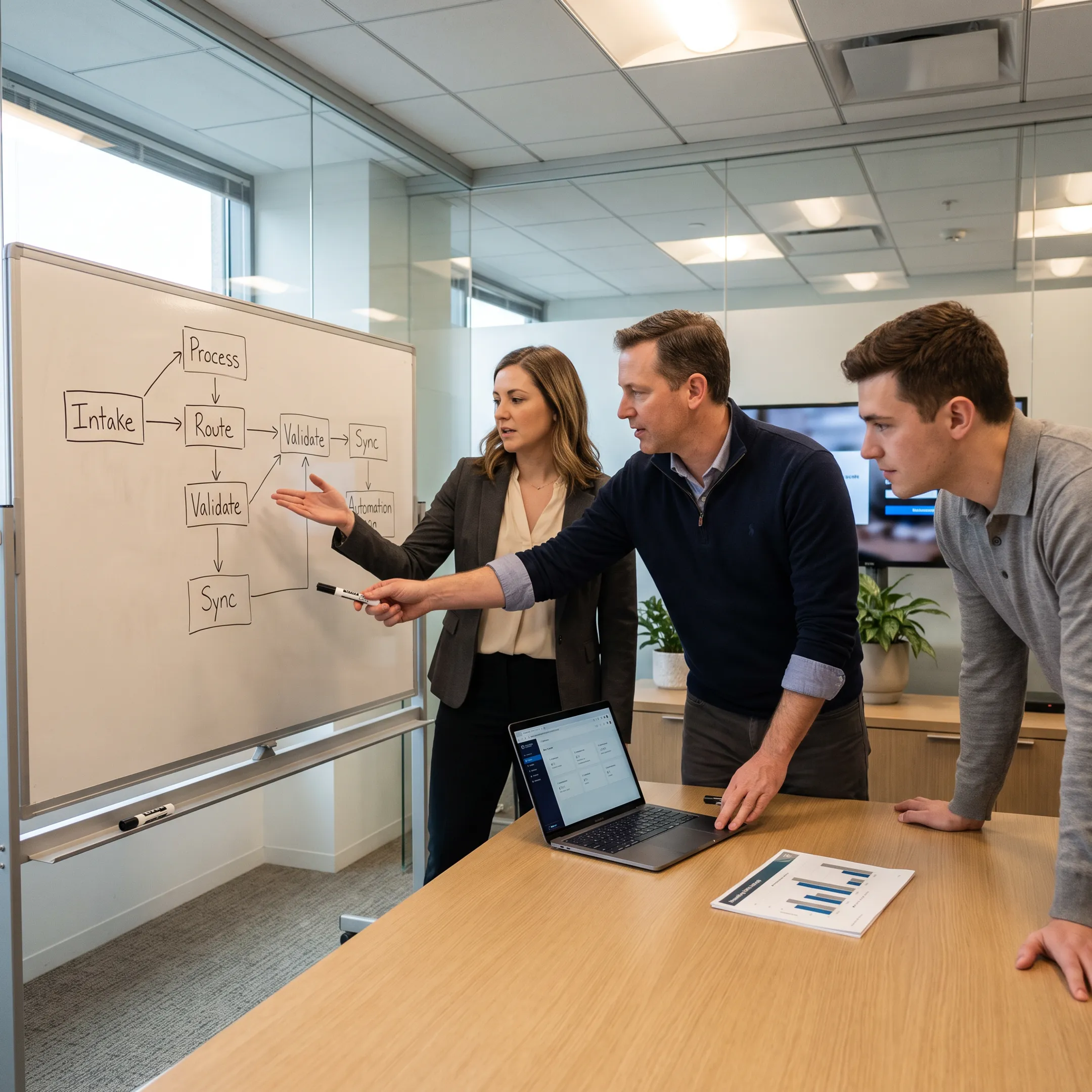 Business process automation planning session with workflow diagrams and software integrations