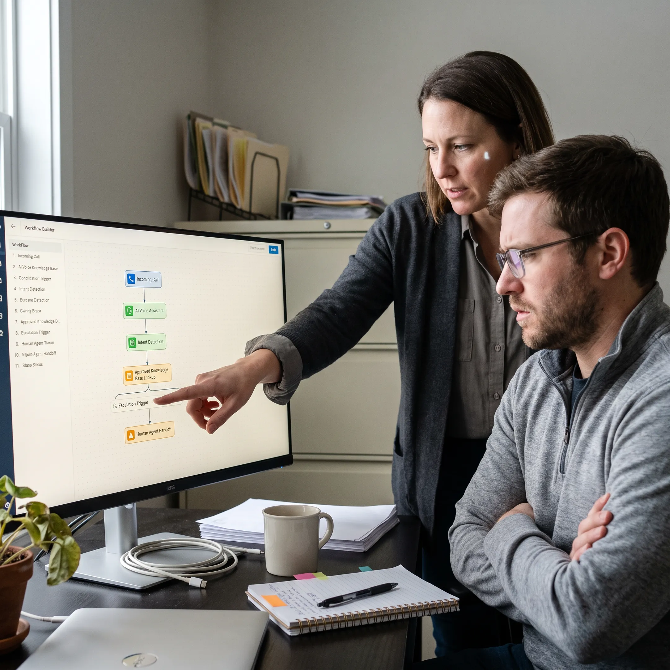 Business team reviewing an AI customer answering workflow