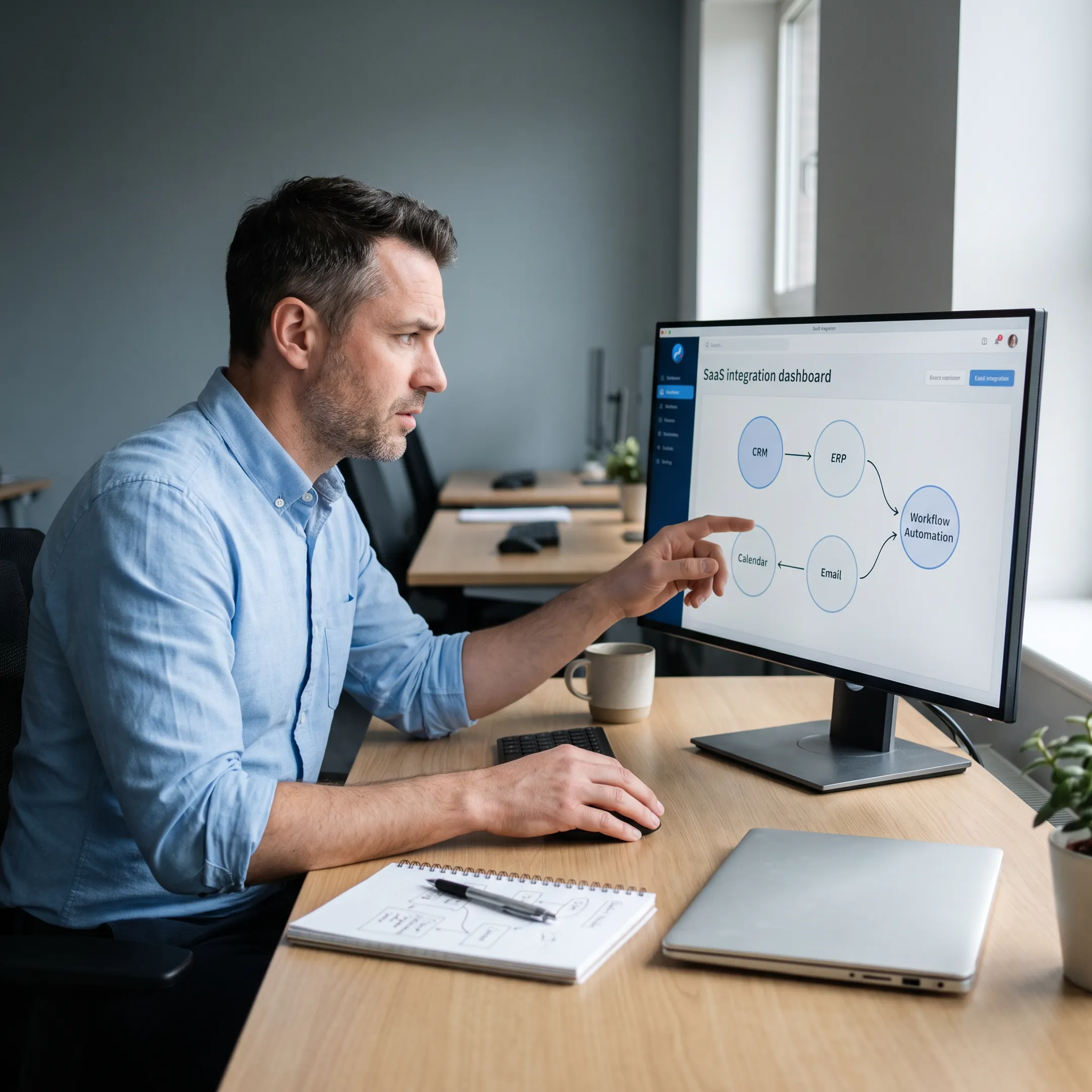 Integration consultant planning data flows between connected enterprise applications