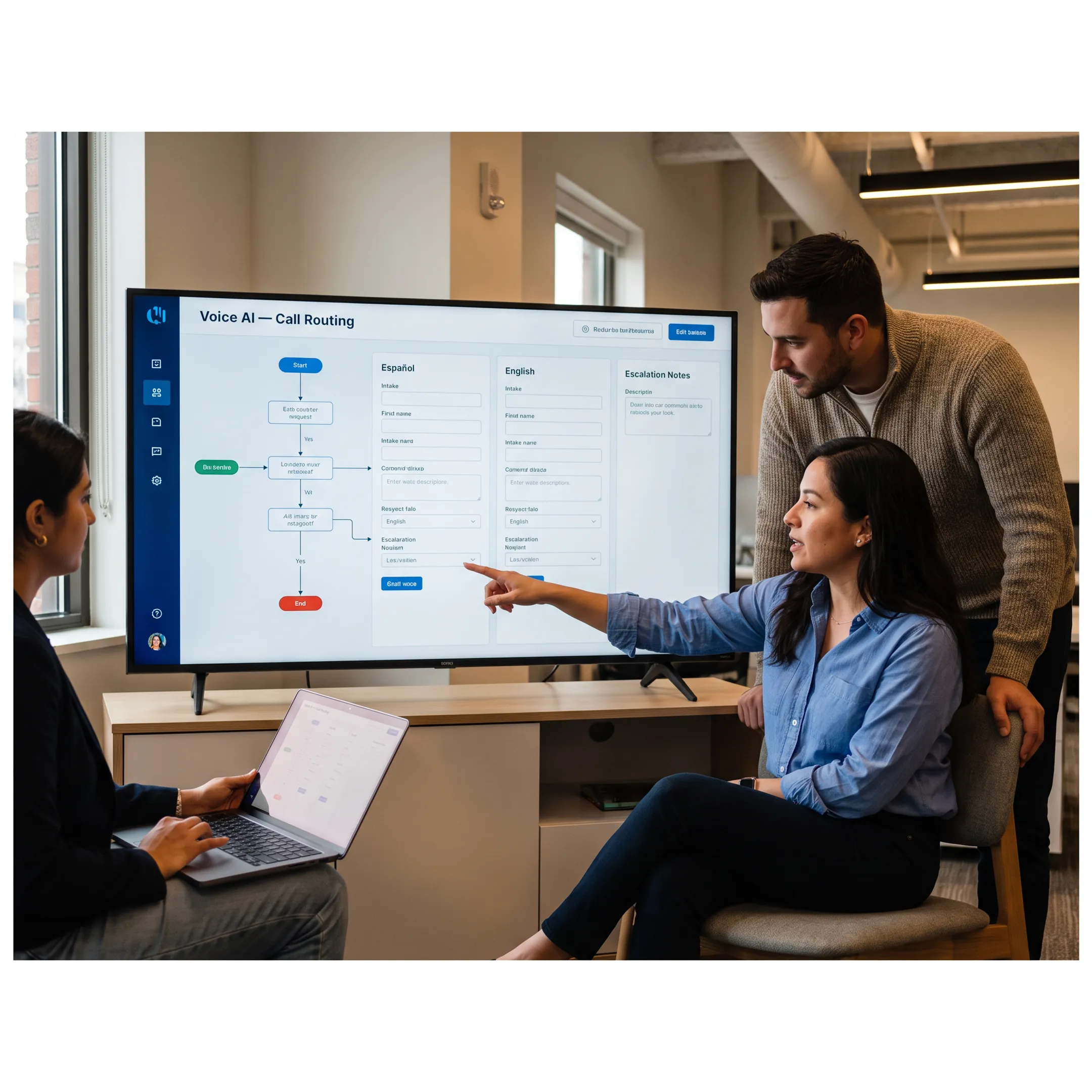 Team reviewing a bilingual voice AI call workflow