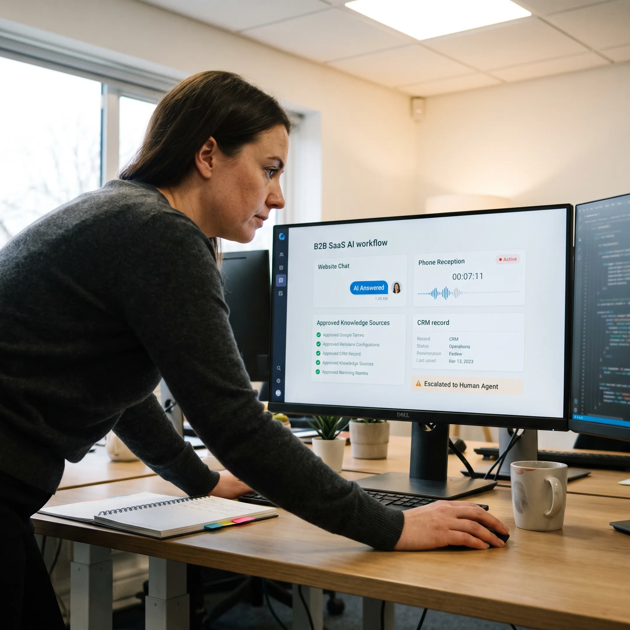 AI customer service workflow connecting chat, voice, CRM, and human support