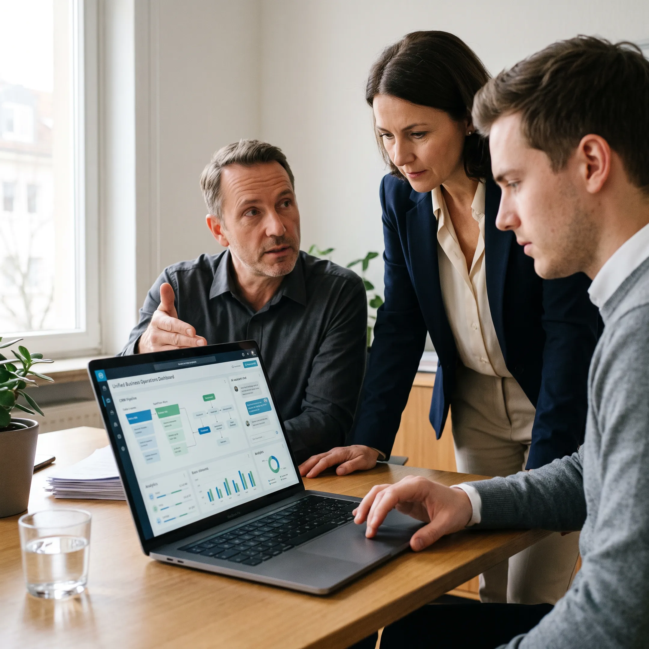 Business team reviewing an integrated automation system and performance dashboard